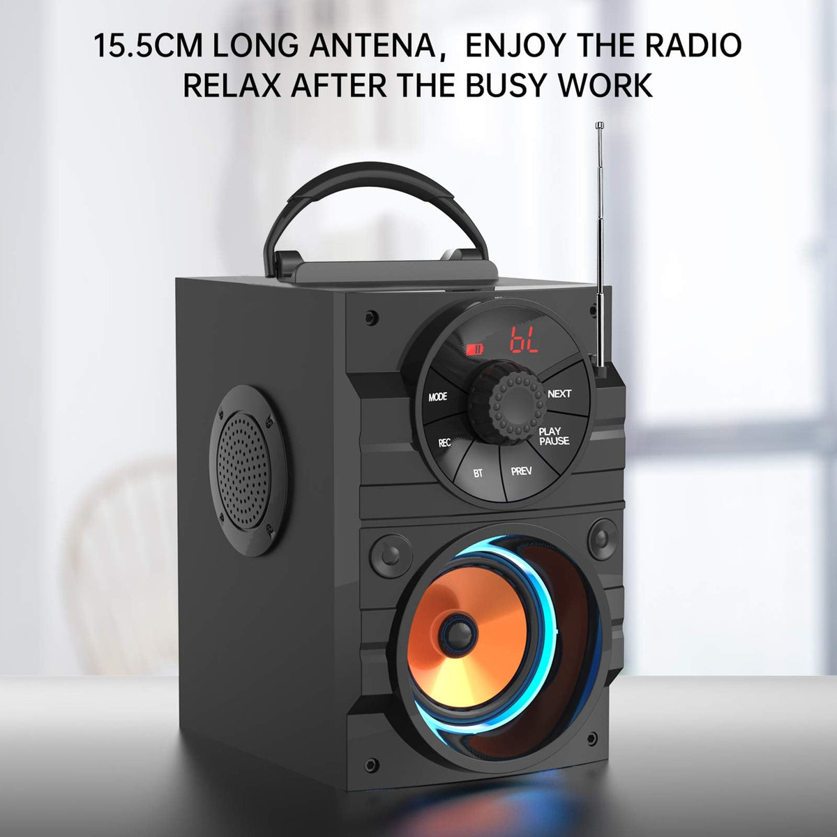 Aesackir Portable Big Bluetooth Speakers with Light, Wireless with Subwoofer, FM Radio, LED Lights, EQ, Booming Bass, Bluetooth 4.2 Stereo Loud Outdoor/Indoor Retro, for Home, Camping, Travel, Black