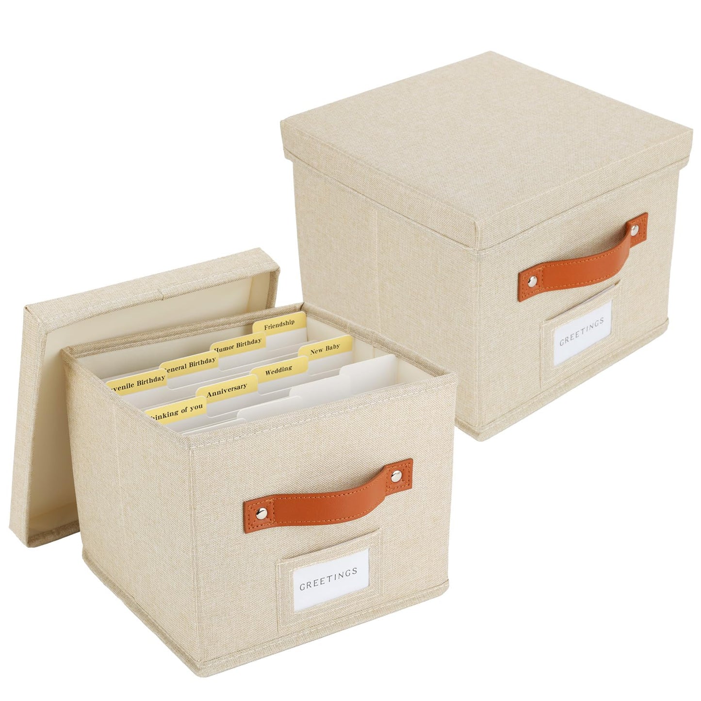 TARSUKA Greeting Card Organizer with dividers - Storage Box with lid Holds 150+ Cards - Assortment Box for Greeting Cards,Recipes, Photos, Envelopes, Keepsake - 9 x 9 x 7 Inches (Beige, 2 pcs)