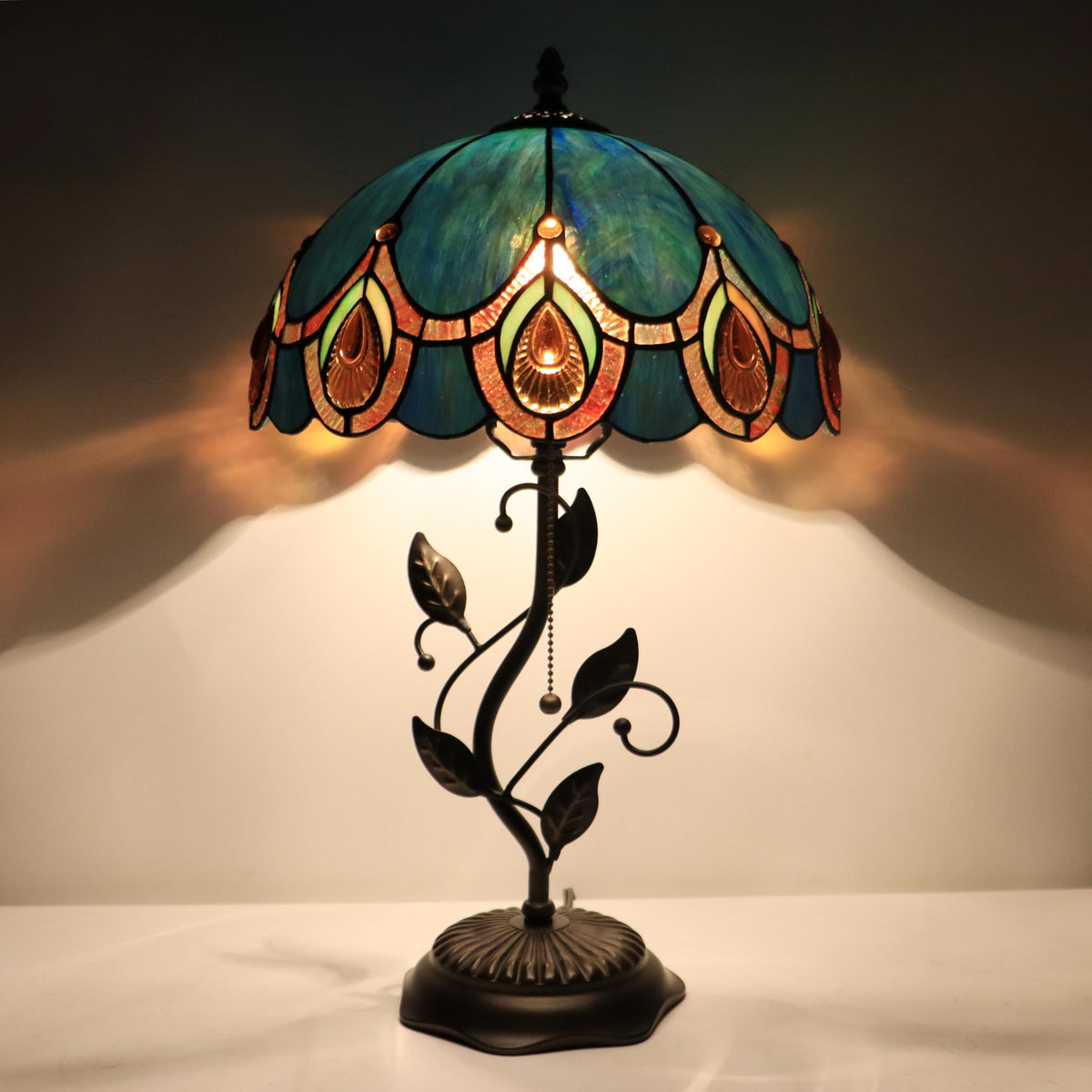 HWDFEI Tiffany Table Lamp, Stained Glass Style Desk Lamp, 12X12X19 Inch,Bedside Reading Light, Metal Leaf Base（Peacock Crystal Style