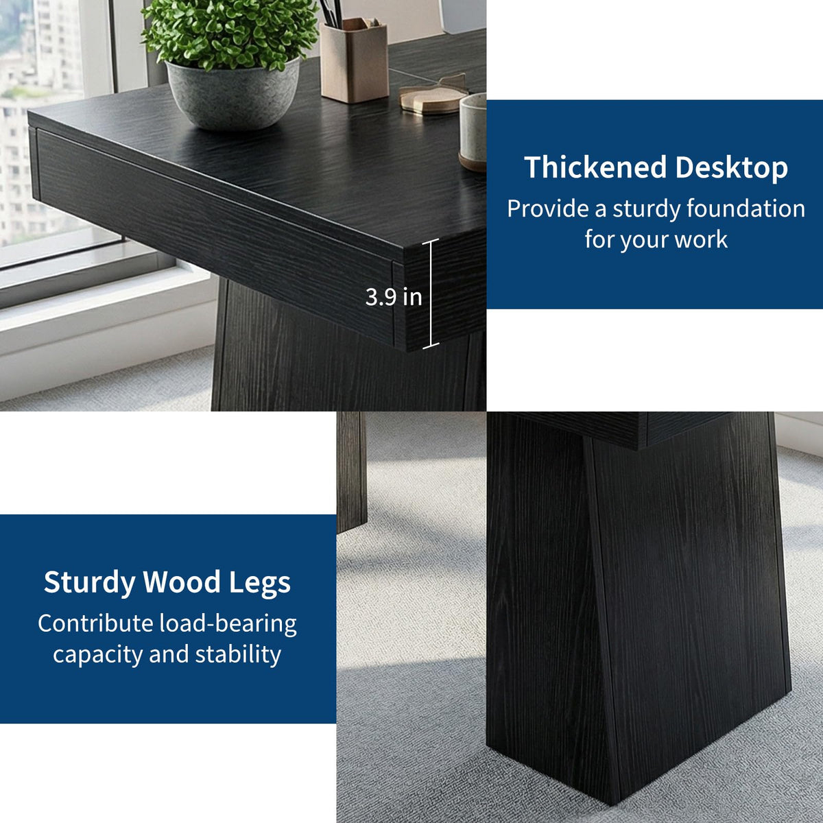 Garvee 55" Executive Desk, Mid-Century Modern Home Office Desks with Double Trapezoid Base, Wood Computer Desk Business Furniture Workstation Writing Table Conference Table, Black