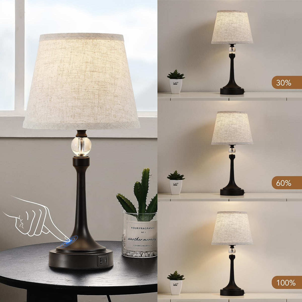 Leasgy 19.7'' Touch Table Lamps for Living Room, Small Lamp for Bedroom with USB C+A Ports, Dimmable Touch Lamps Set of 2, Reading Desk Lamp for Office, Metal Bedside Lamps, Bulbs Included, Black
