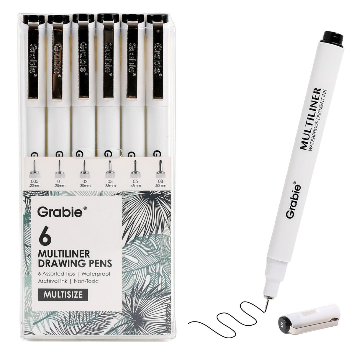 Grabie Micro Finerliner Pens, 6 Archival Black Ink Waterproof Drawing Pens, Assorted Point Sizes for Sketching, Illustration, Journaling, Art Supplies