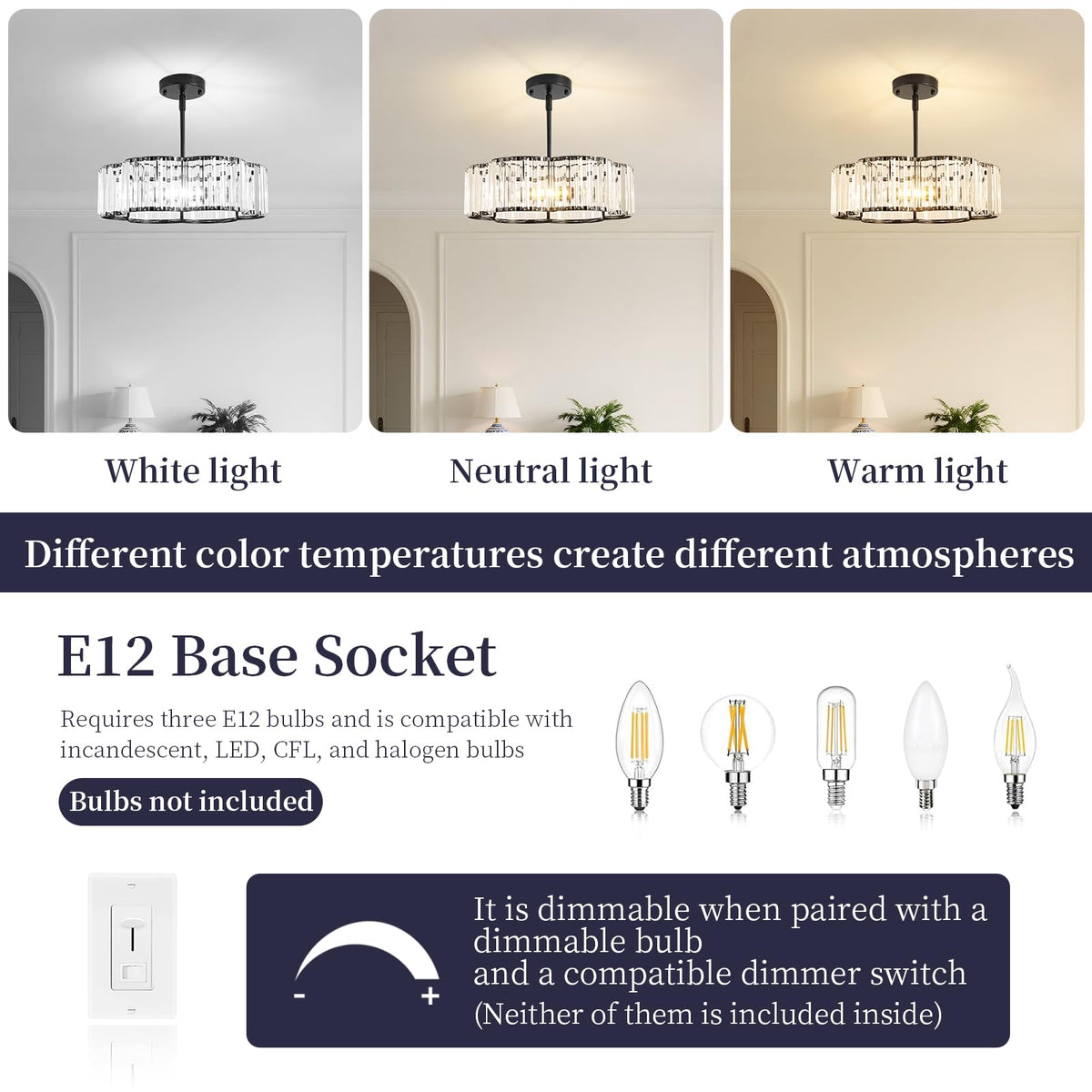 etiruety Modern Black Crystal Semi Flush Mount Ceiling Light Fixtures 16 in