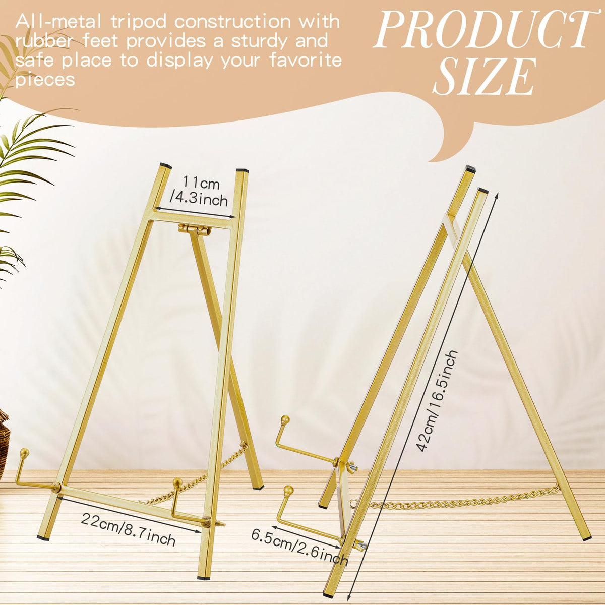 Leinuosen Metal Easel Stand 16.5" H x 8.7" W x 4.3" D Table Top Easel Stand for Display Tripod Art Picture Mirror Modern Plate Holder for Display Book Photo Wedding Sign(Gold,1 Pcs)