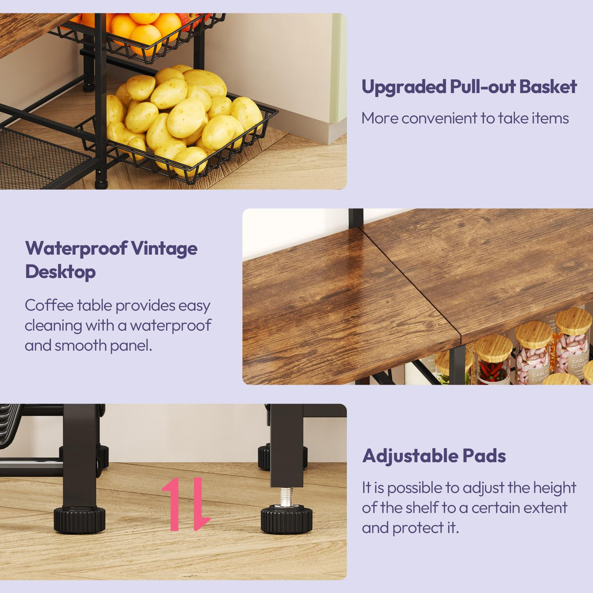 SWTYMIKI Bakers Rack with Storage - Coffee Bar Cabinet with Shelves, Coffee Station Organizer and Kitchen Stand with 8 Hooks, Baskets, Adjustable Feet for Kitchen Dining Room Pantry, Espresso