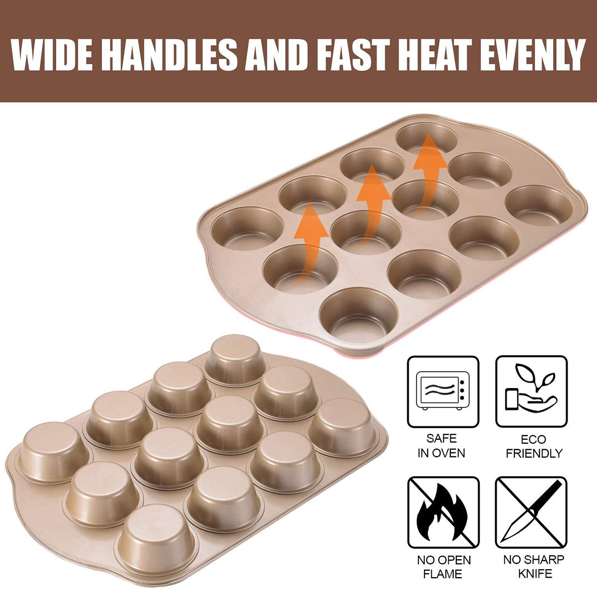 JOHO BAKING Nonstick Muffin & Cupcake Pan Set (2 Pack) - 12 Cup Regular + 24 Cup Mini Muffin Tins | Heavy Duty Gold Carbon Steel, Rust-Resistant, Easy Release