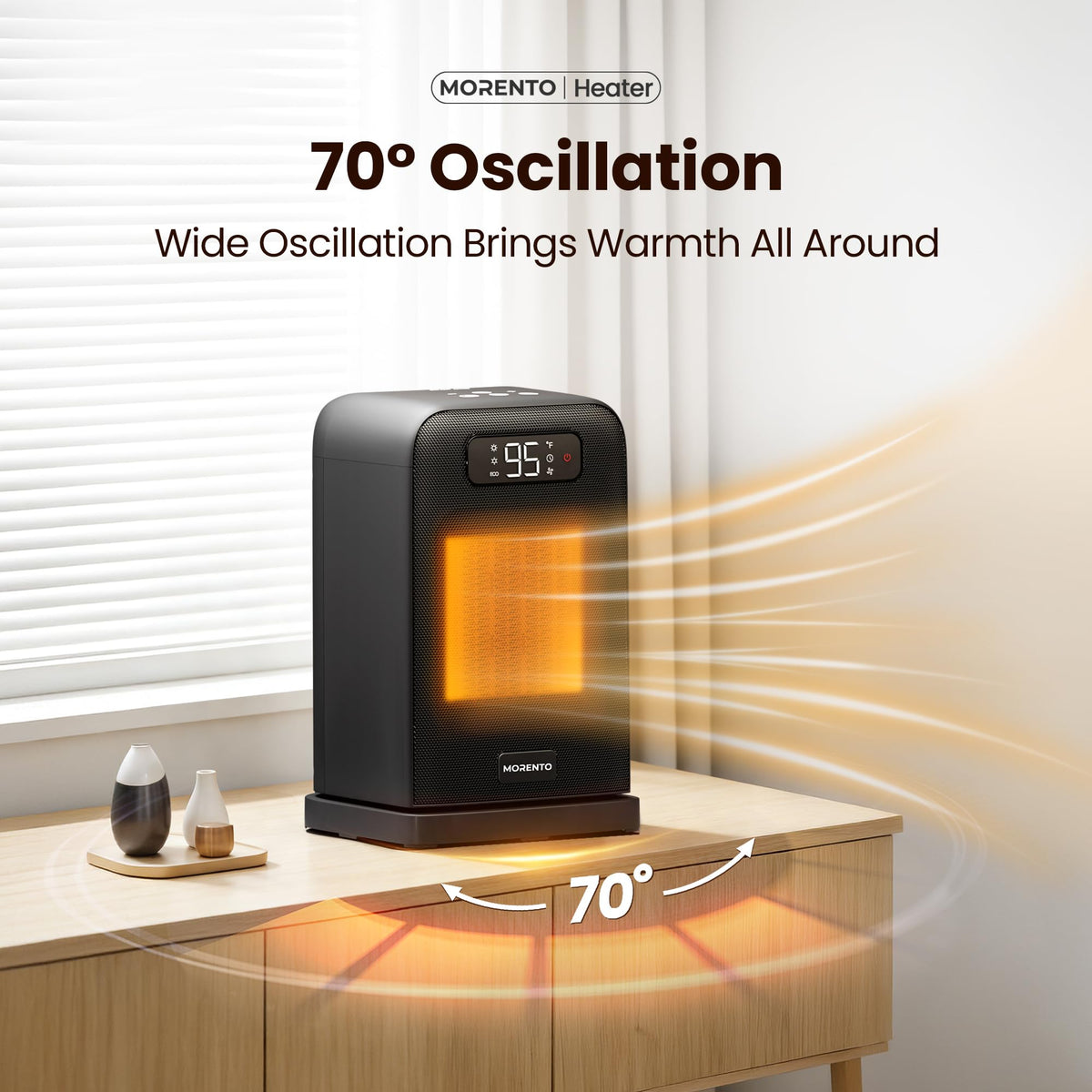MORENTO Space Heater, 70° Oscillation, LED Display, 12H Timer, Thermostat, Overheat Protection, ECO, Small Space Heaters for Indoor Use, 1500W Ceramic, Heater for Bedroom, Office, Home (Black, 1 Pack)