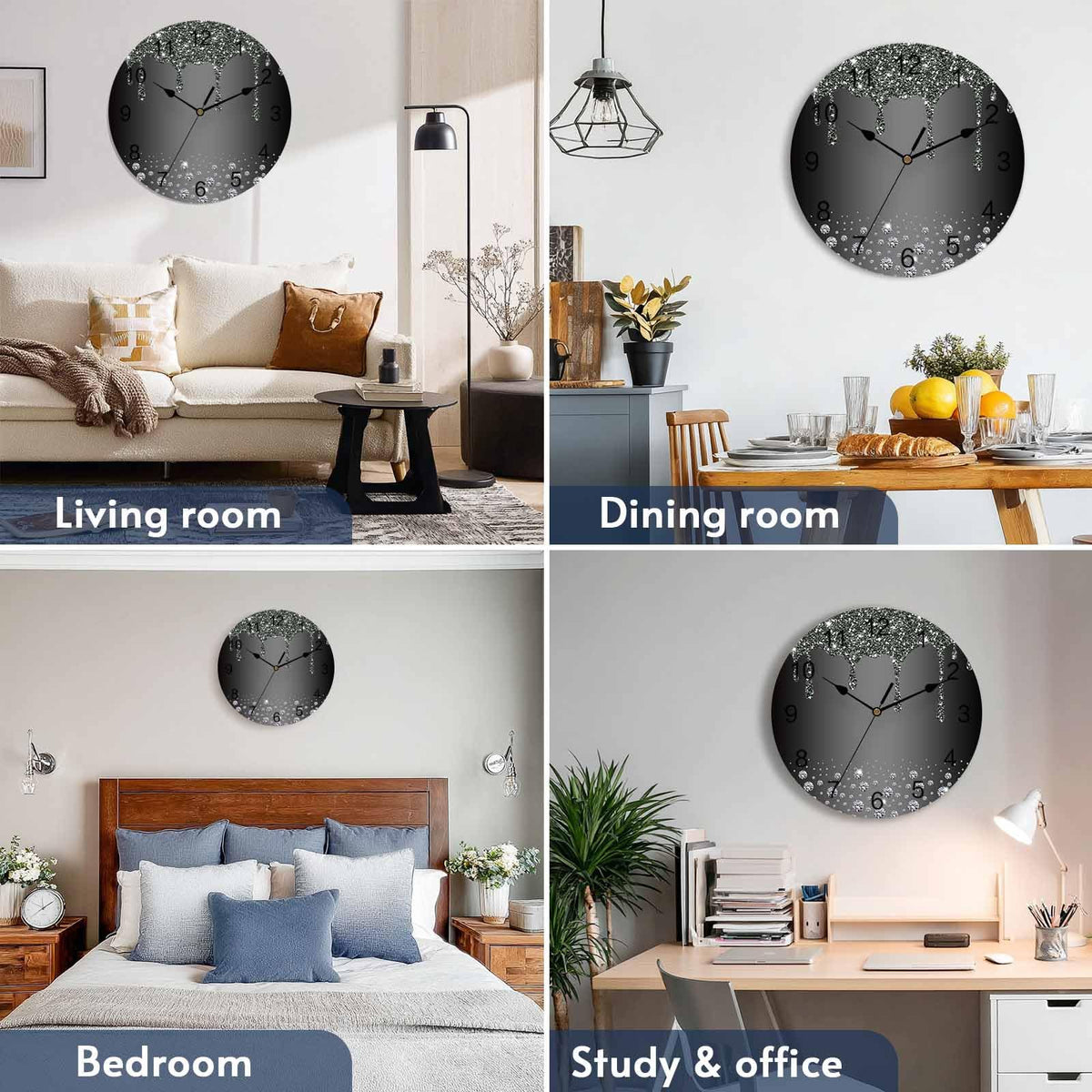 LooPoP Wall Clock Black Diamond Clocks PVC Silent Non-Ticking Battery Operated Decorative Luxury Bling Water Drop Round Clock for Home Living Room Kitchen Bedroom Office School Wall Decor 10 Inch