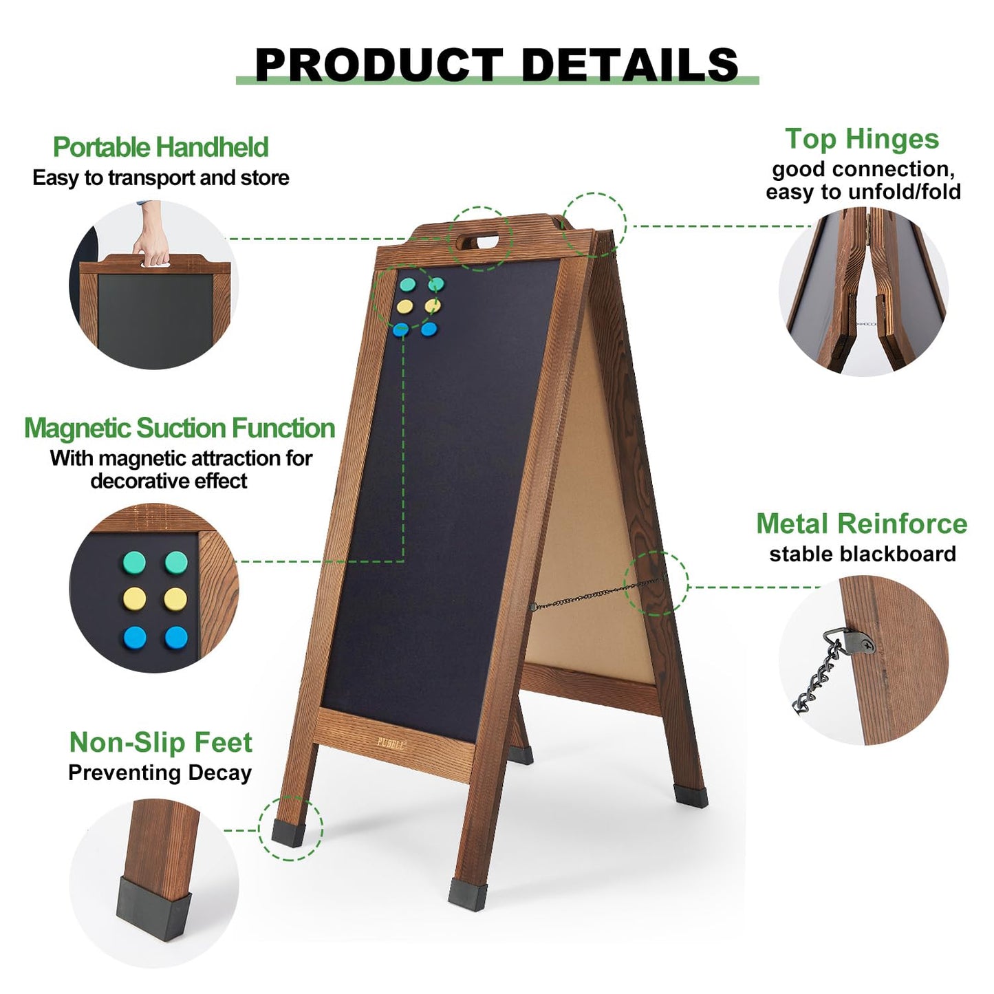 Magnetic Sandwich A-Frame Chalkboard Sign - 40 x 20 Inches, Brown Large Wooden Chalk Board for Sidewalk, Stand up Double-Sided Outdoor Easel Display for Restaurant Cafe Shop Wedding Party or Business