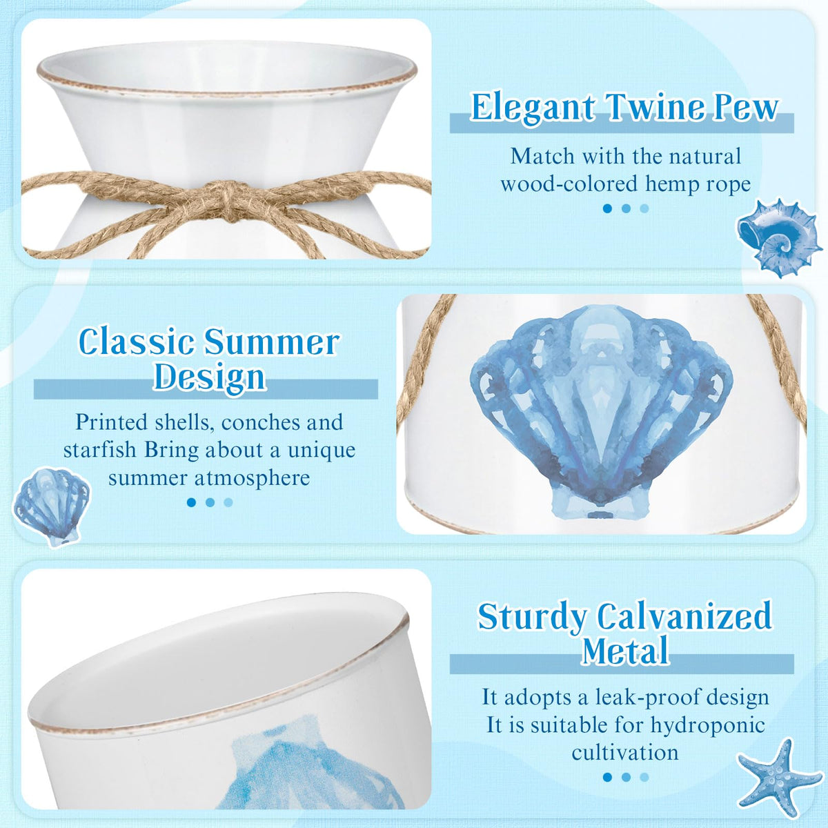 Domensi 3 Pcs 5.12" Beach Coastal Vase Table Decor Metal Seashell Starfish Conch Flower Bucket Farmhouse Ocean Centerpieces for Table Rustic Nautical Milk Can Jug with Twine Bow for Wedding Home Decor