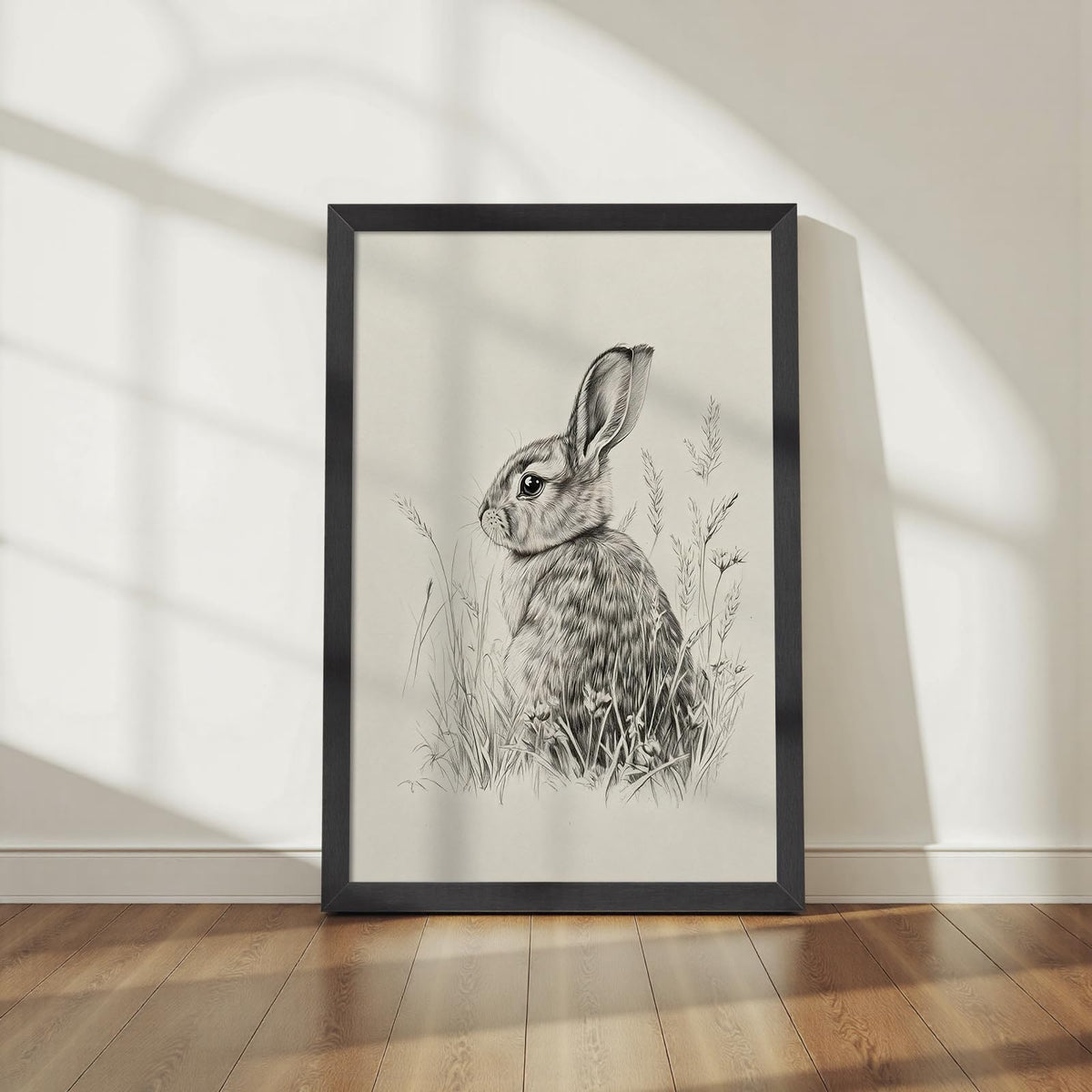 Wild Rabbit Wall Art, 12X16 Inch Black Framed Nature Wildlife Art Poster, Black And White Animal Canvas Print, Farmhouse Wall Decor For Living Room Bedroom Office Ready To Hang