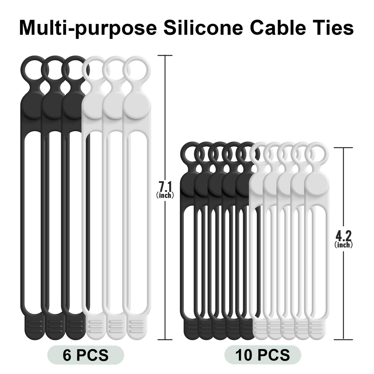 Nearockle Silicone Cable Ties Cord Organizer Cable Management, 16Pcs 4.2" and 7.1" Reusable Cable Organizer Electronic Accessories for Home, Office, Kitchen, School, Travel(Black&White)