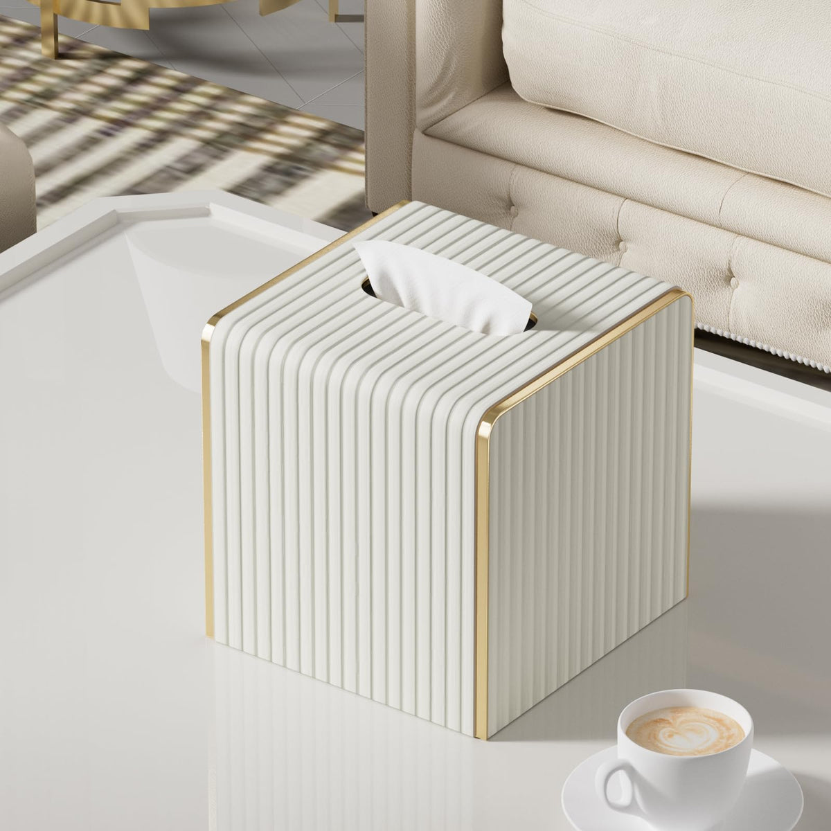 Tissue Box Cover,White Square Leather Tissue Box Holders with Gold-Tone Edging Decoration, Tissue Vessel for Bathroom Toilet Bedroom Living Room Table Desk Office,Modern Home Decor
