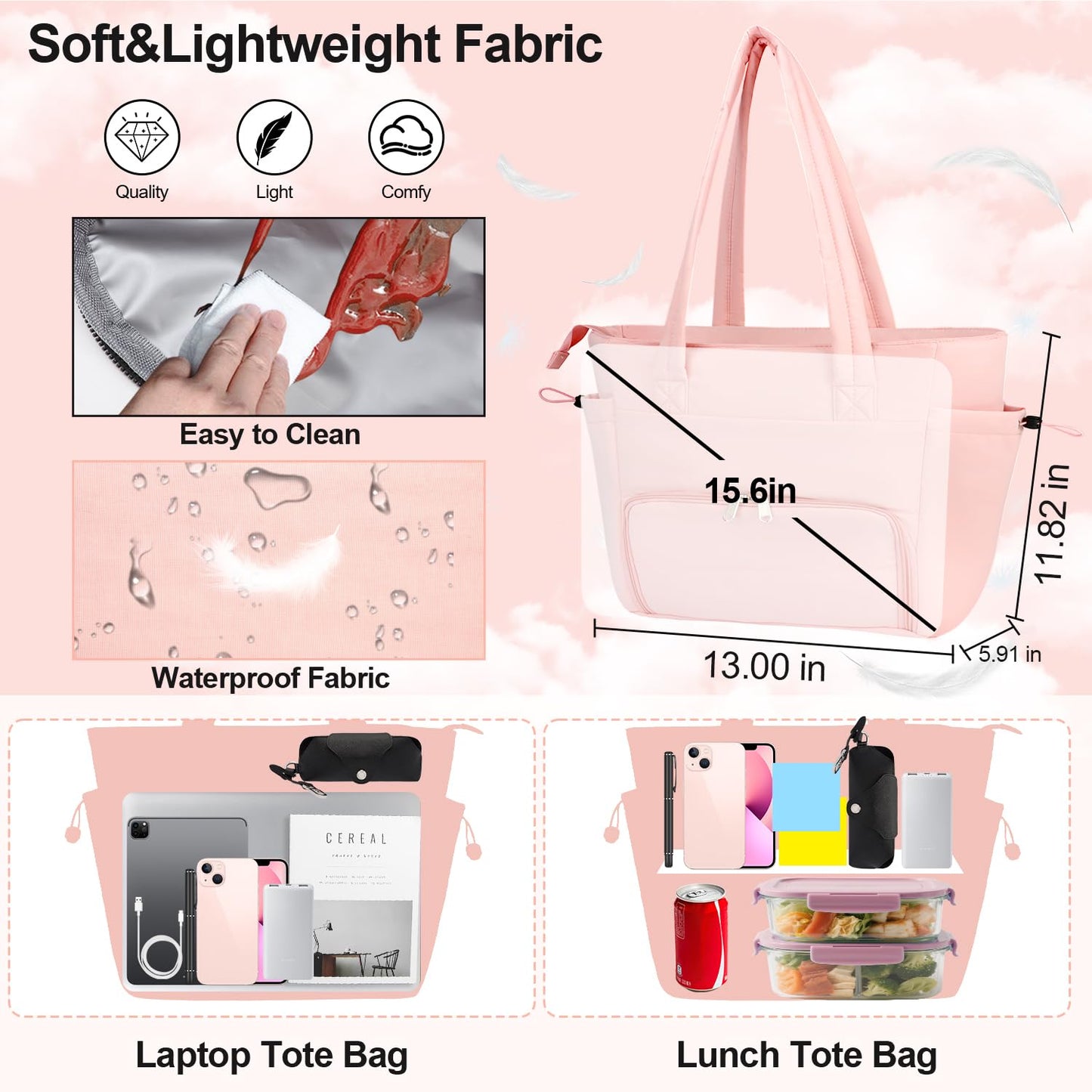 Veirdro Work Laptop Tote Bag for Women with Insulated Lunch Compartment, Lightweight Puffy Lunch Tote Bag with 15.6 Inch Laptop Compartment, Quilted Laptop Bags for Office Commuter Teacher Nurse Pink