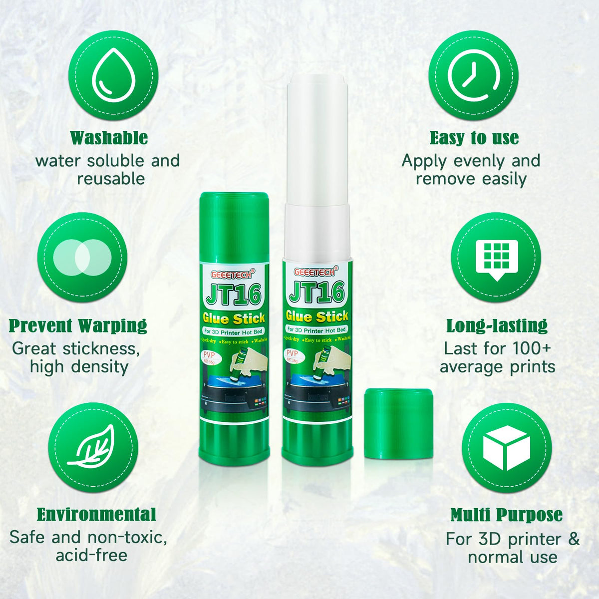 3D Printer Glue Sticks, 36 Grams Each PVP Solid Glue Sticks for Hot Bed Plate, Washable, Non-Toxic, Reduce Warping for PLA, ABS, PETG, Hips, TPU Filament on PEI, Glass, Aluminum, Buildtak Board, 6Pcs
