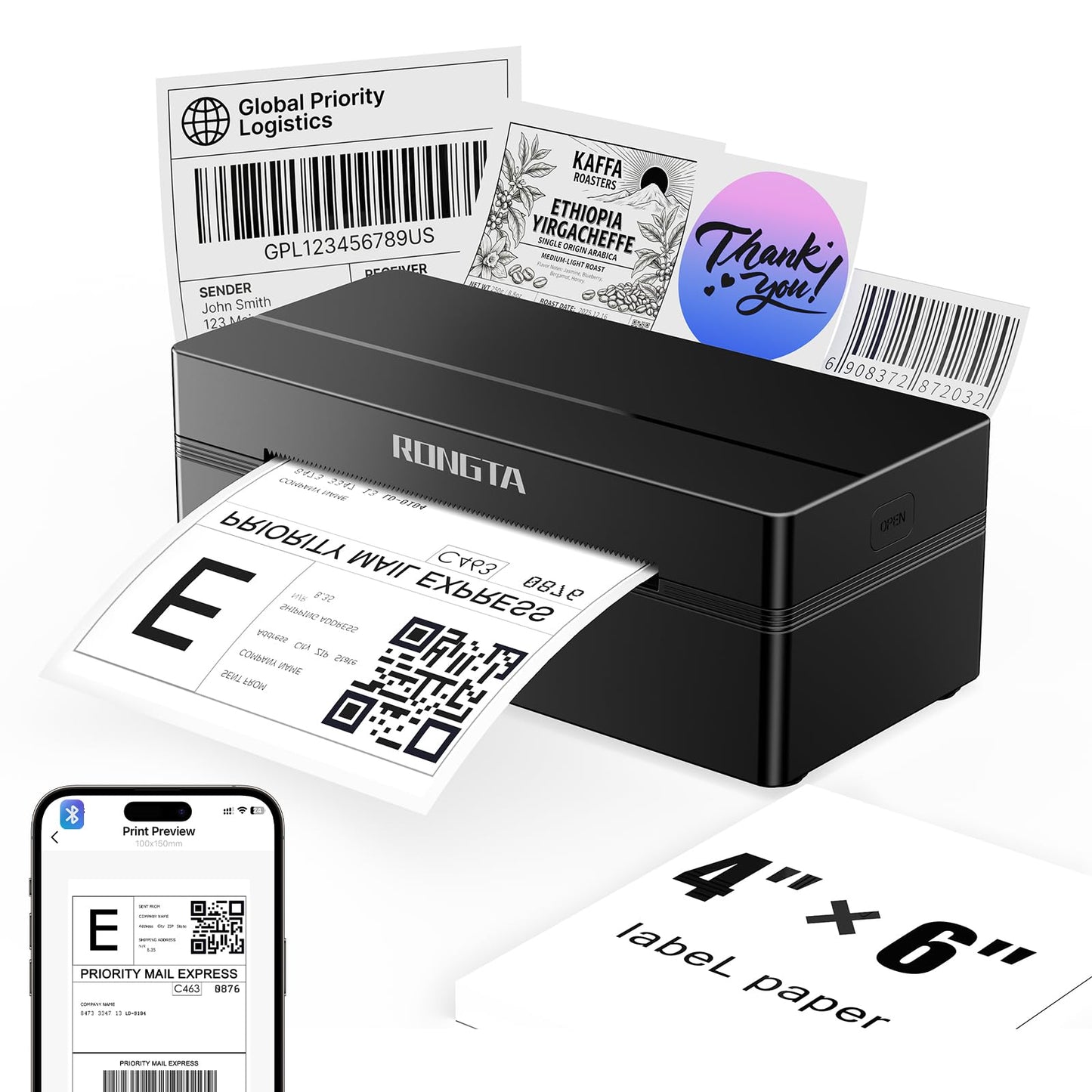 Rongta Bluetooth Shipping Label Printer, Wireless 4x6 Thermal Label Printer for Shipping Packages, Support Android, iPhone, Widely Used for Amazon, Ebay, Shopify, Etsy, UPS, Black