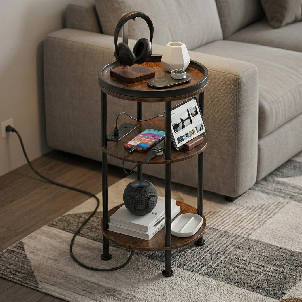 Small Round Side Table with Charging Station for Small Spaces, 3-Tier Round Accent Table with USB Ports & Power Outlets, Corner Table Sofa End Table for Living Room Bedroom (USB Charger, Rustic Brown)