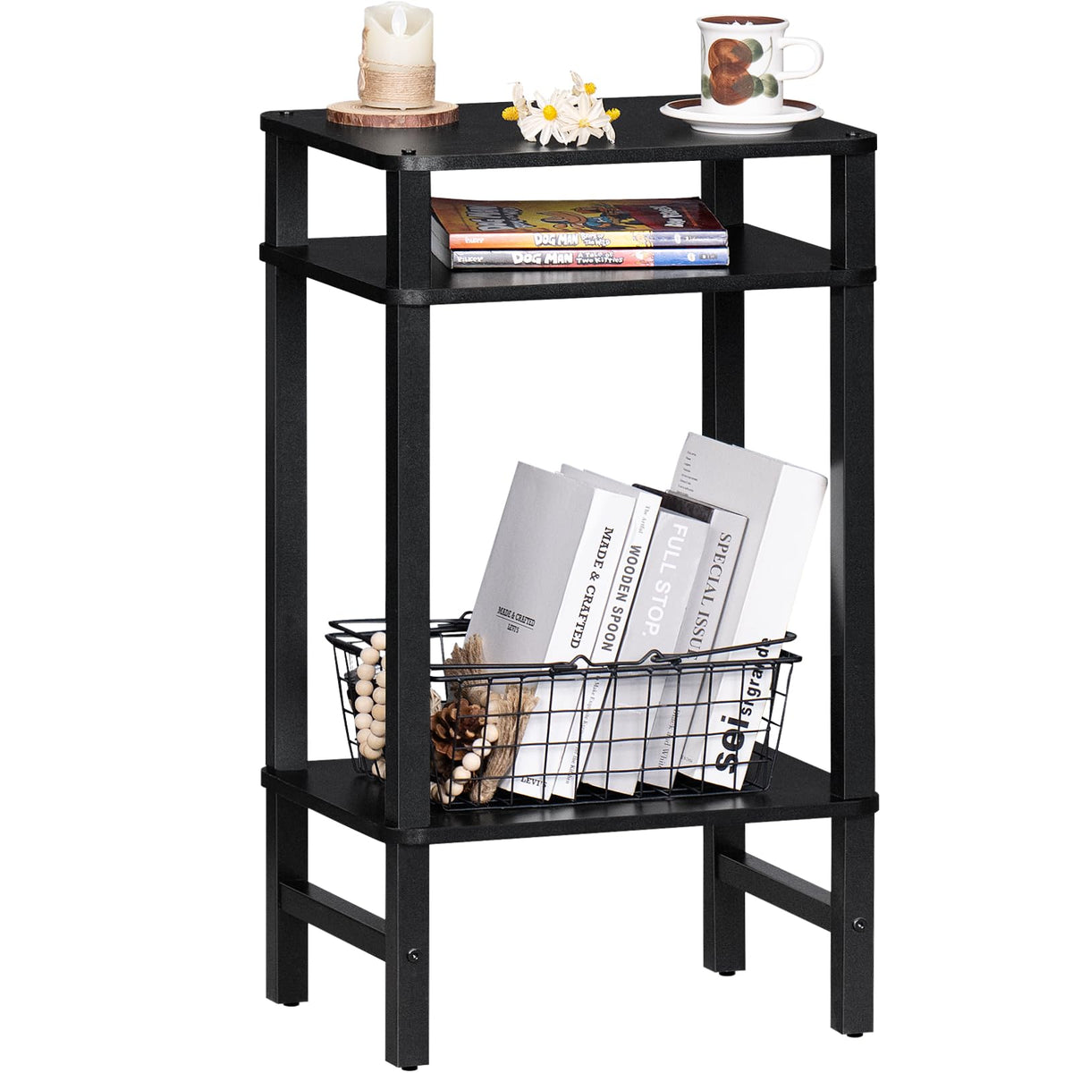 YUFAM Side Table End Table Tall Night Stand 3-Tier for Living Room Bedroom Bathroom Office Furniture Black