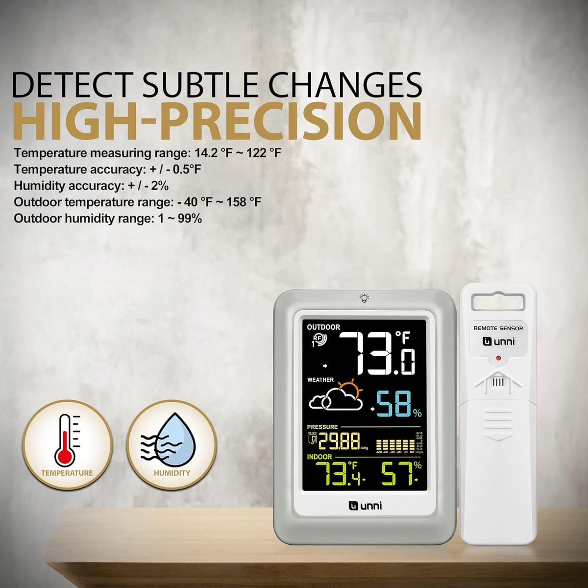 Indoor Outdoor Thermometer Wireless Weather Stations, with 330ft Range Sensor and Adjustable Brightness Inside Outside Temperature Humidity Monitor (Multi)