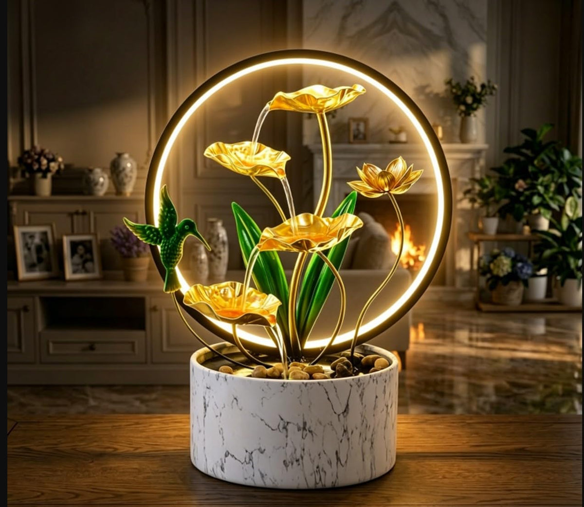 Romway 15" H Indoor Modern Tabletop Water Fountain LED Light, Yoga Meditation Room Mother's Day Decor Lotus Flower Floor-Standing Fountain