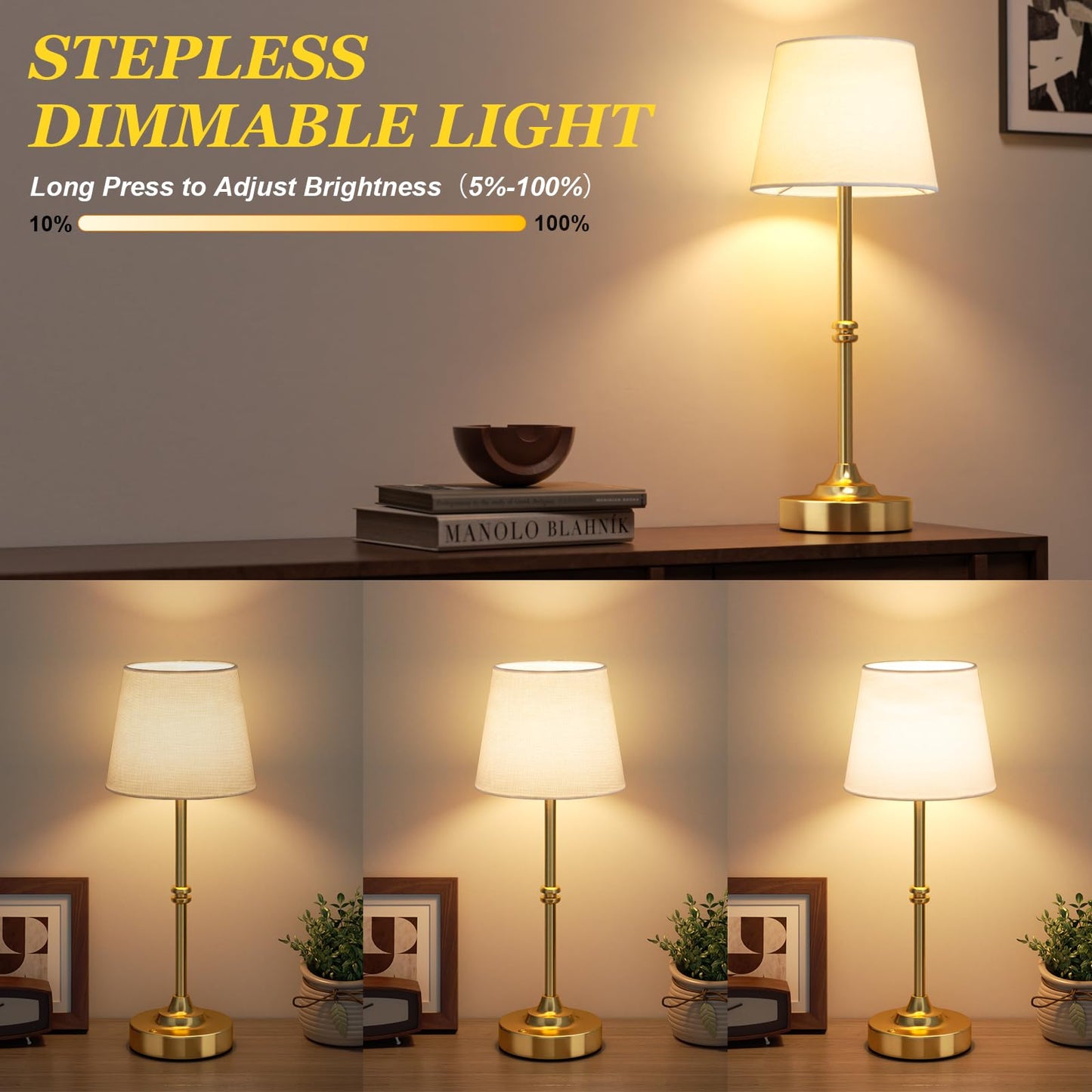Kakanuo Rechargeable Cordless Table Lamp Gold - 1 Pack Brass 4000mAh Battery Operated Lamp, 3000K Warm Light, Touch Control Stepless Dimming, for Bedside, Dining Table, Home Decor