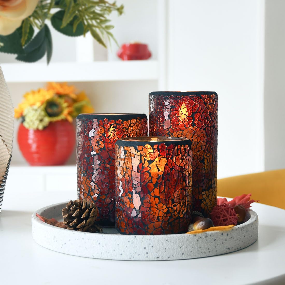 TELOSMA LED Mosaic Flameless Candle, Red Yellow Cracked Glass Pattern Pillar Candle - Centerpieces Table Bed Fireplace Autumn Decor - Set of 3