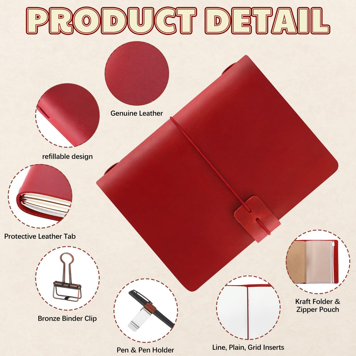 Thenshop Travelers Refillable Leather Journal Notebook Travel Diary Handmade Passport Travelers Journal for Men and Women with 3 Notebook Inserts, Pen Holder, Binder Clip(Wine Red,Passport Size)