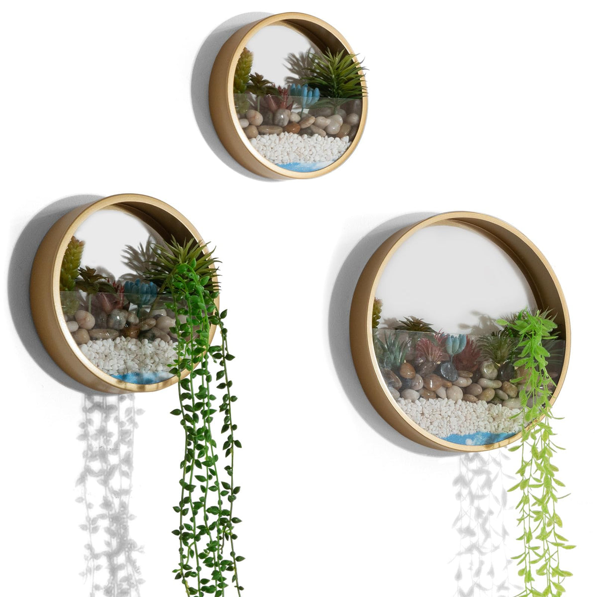 VEVLU Gold Metal Wall Planter Set of 3, Indoor Metal Hanging Planter with 10Pcs Artificial Succulents Wall Decor Round Succulent Planters Air Plant Pots Container for Cactus Home Office Decor