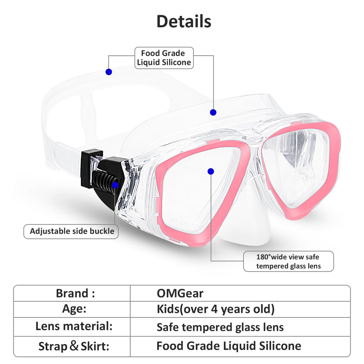 OMGear Kids Swimming Silicone Swim Mask Snorkeling Gear for Kids Tempered Glass Snorkel Goggles with Nose Cover Scuba Diving Goggles with Cute Neoprene Mask Strap Cover (Pink)
