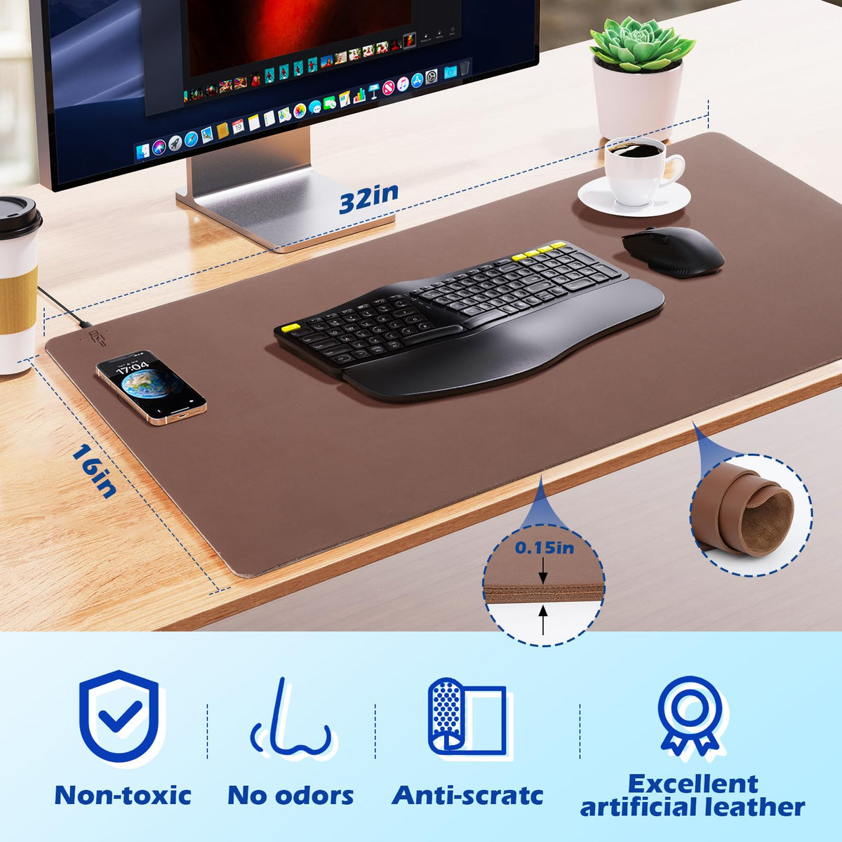 Wireless Charging Desk Mat with Desk Pad for Desktop Charging Large Mouse Pad Waterproof Leather Computer Mat Mouse Pad Non-Slip Protector on Top of Desks for Keyboard and Mouse (brown-l, 32*16inch)