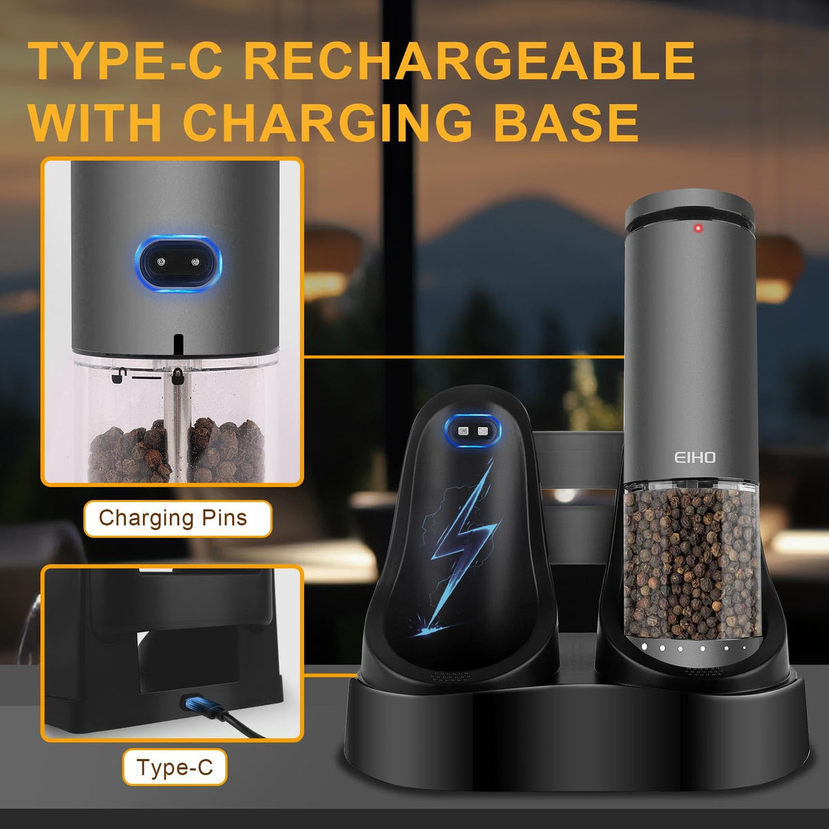 EIHO Electric Salt and Pepper Grinder Set USB Rechargeable, Upgraded External Adjustable Coarseness, Aluminum Alloy Automatic Salt and Pepper Shakers Mills with LED Light, House Warming Cooking Gifts