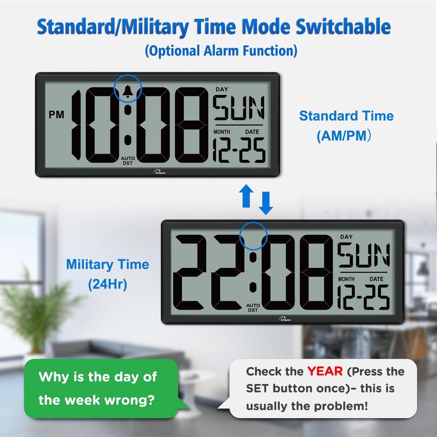 WallarGe 14.5'' Large Digital Wall Clock Battery Operated with Jumbo Numbers, Temperature and Date - Easy to Read and Set, Auto DST