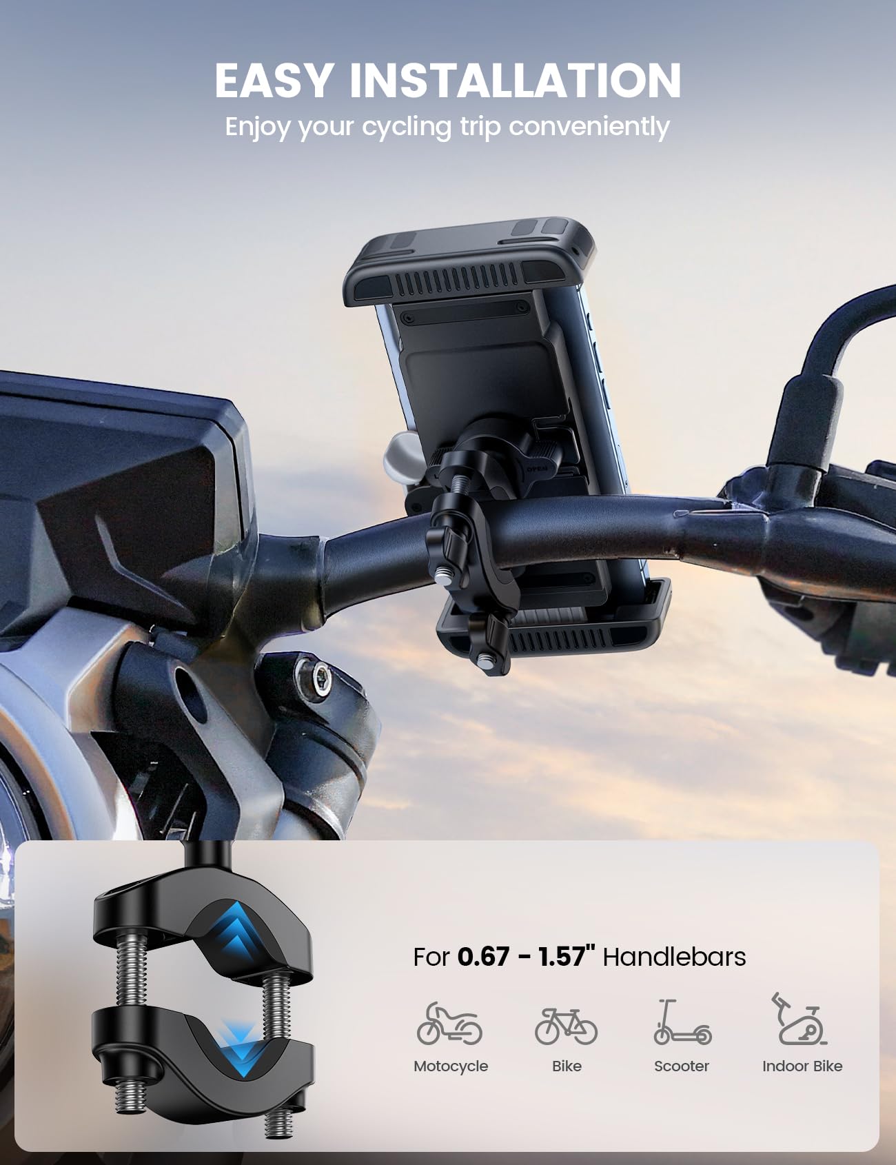 Lamicall Bike Motorcycle Phone Mount - [1s Quick Lock] Bike Cell Phone Holder Clip, Bicycle Scooter Handlebar Clamp, for iPhone Air, 17 16 15 Pro Max, Galaxy S25 S24 Ultra, 6-7.2" Phones