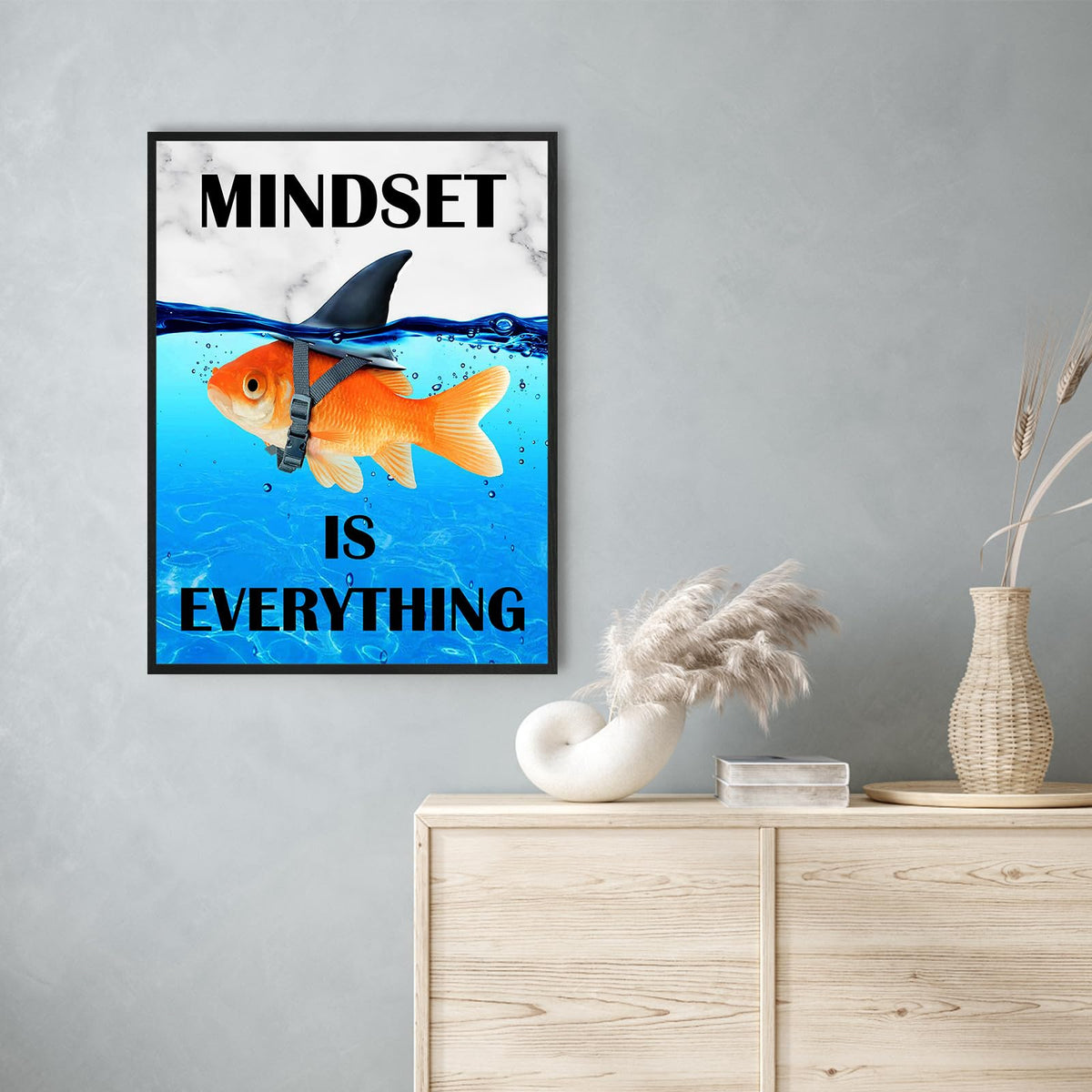 Mindset Is Everything Wall Art:Motivational Wall Decor for Office,Goldfish Prints Posters Inspirational Wall Art Framed,Uplifting Self Improvement Positive Quote Home Office Wall Art 12"x15"