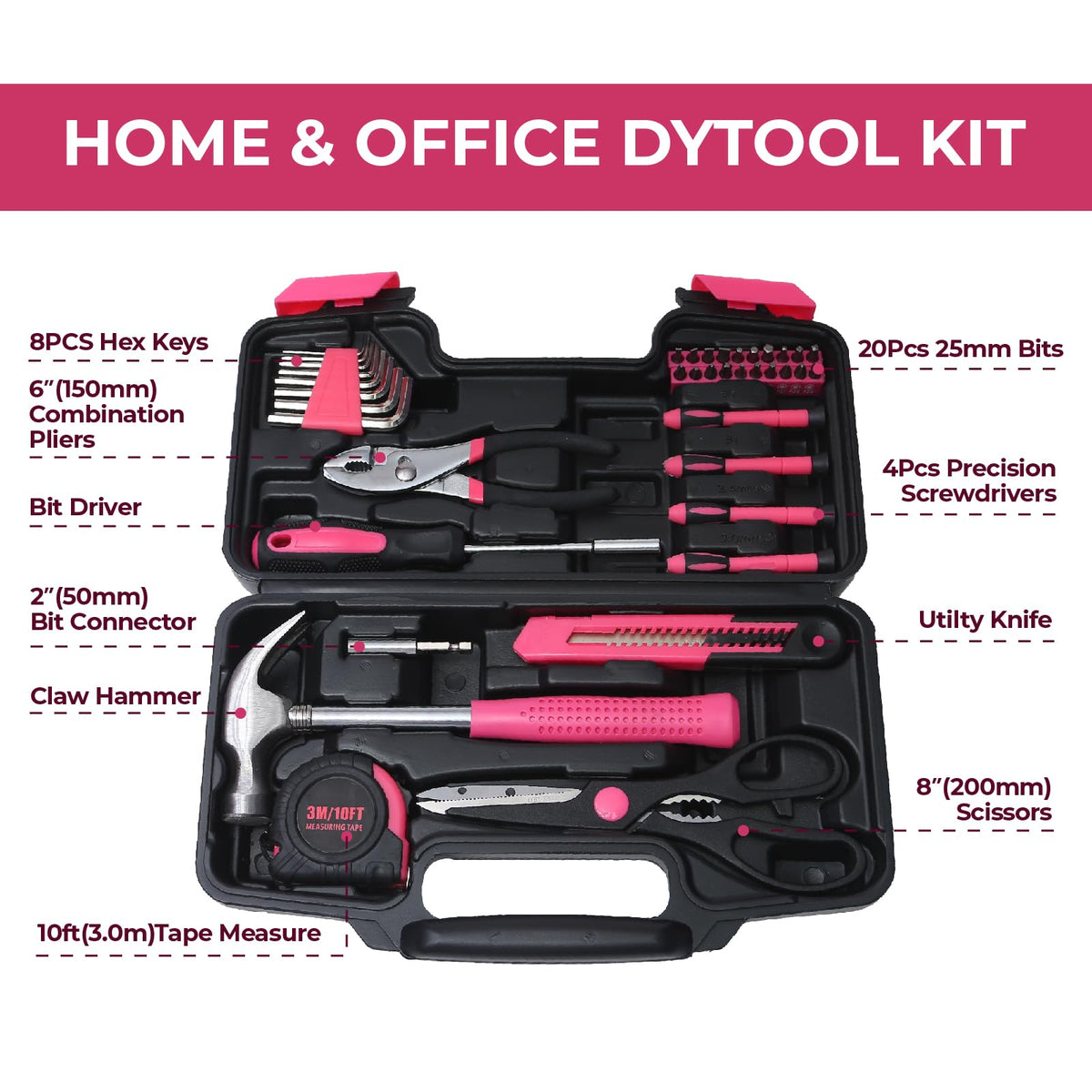 ABCY 39 Piece Basic Tool kit for Women, All Purpose Pink Tool ser Household Hand Tools with Toolbox for Home Repairs, College Dorm Essentials, DIY Crafts & Gifts