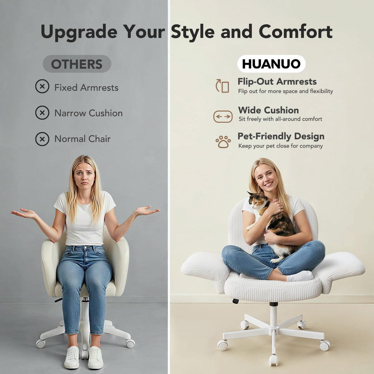 HUANUO Criss Cross Office Chair for Women, Cross Legged Desk Chair with Adjustable Armrests, Soft Corduroy Fabric for Small Spaces, Petite Home Office Computer Chair for Girls, White