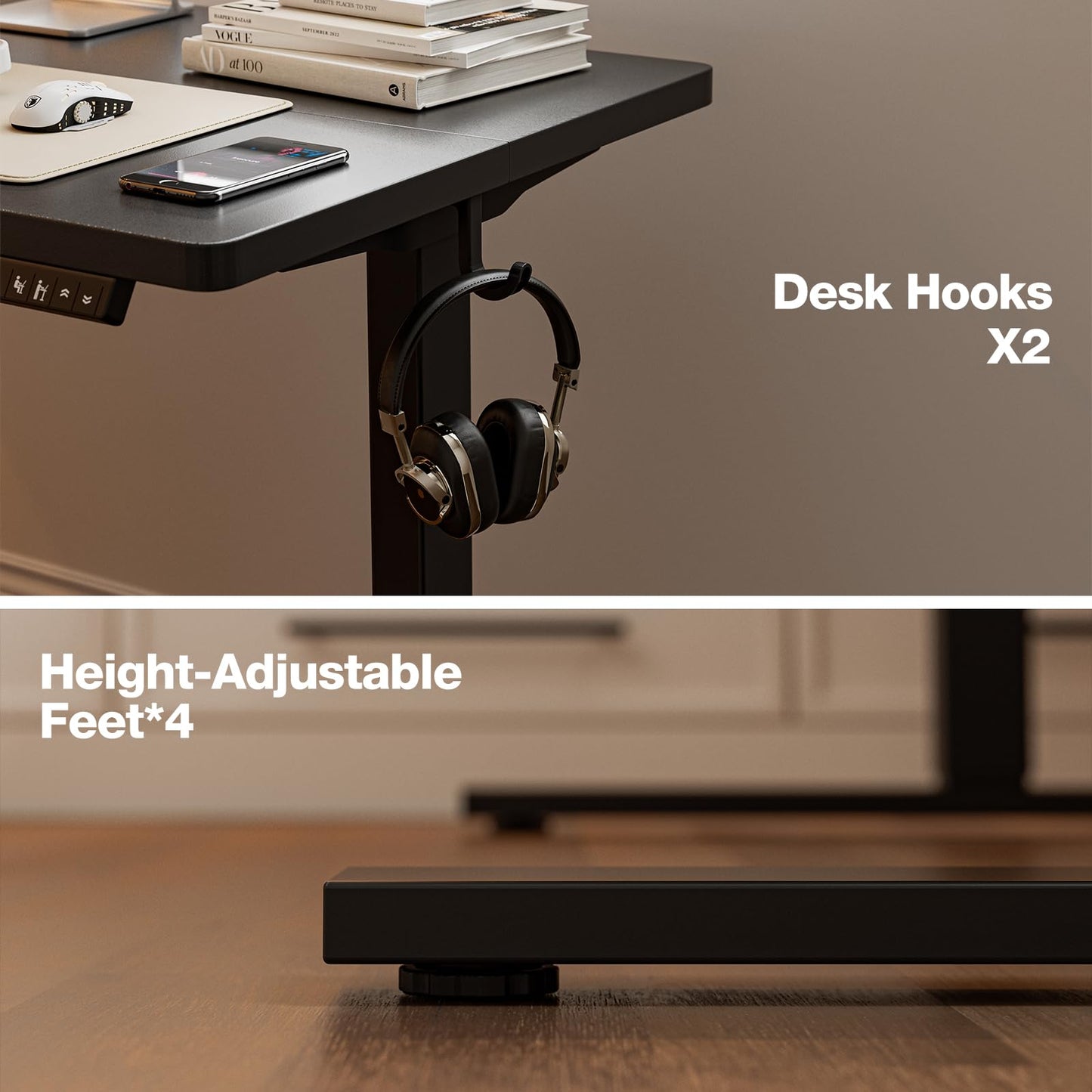 Grandder 55x32 Large Electric Standing Desk, Height Adjustable Computer Desk with 2 Memory Presets, 31.5" Deep Desktop Sit Stand Desk Home Office Desk Workstation Table with Hooks, Black