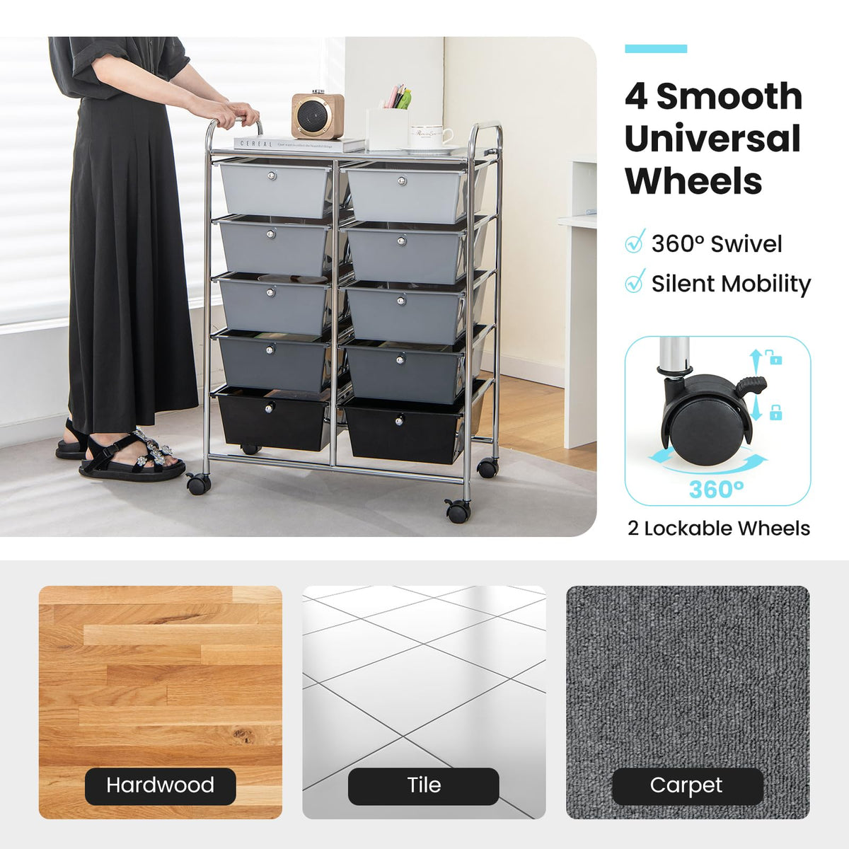 CLEEMAN 10-Drawer Rolling Cart with Drawers, Storage Cart with Universal Wheel & Metal Frame, Multipurpose Mobile Trolley Utility Cart for Makeup Kitchen Office Play Room (Gradient Black)