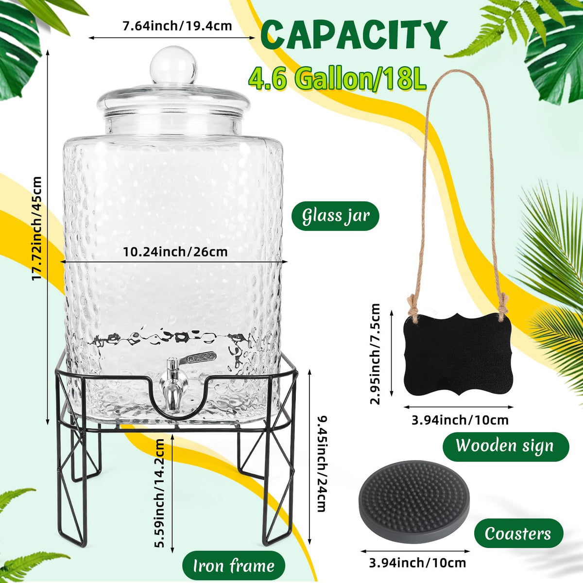 FULJOOY 4.6 Gallon Glass Beverage Dispenser with Stand Beverage Dispensers with Ice Cylinder Steel Spigot Hanging Chalkboard Signs Drip Trays Drink Juice Dispenser with Lids for Party Wedding Kitchen