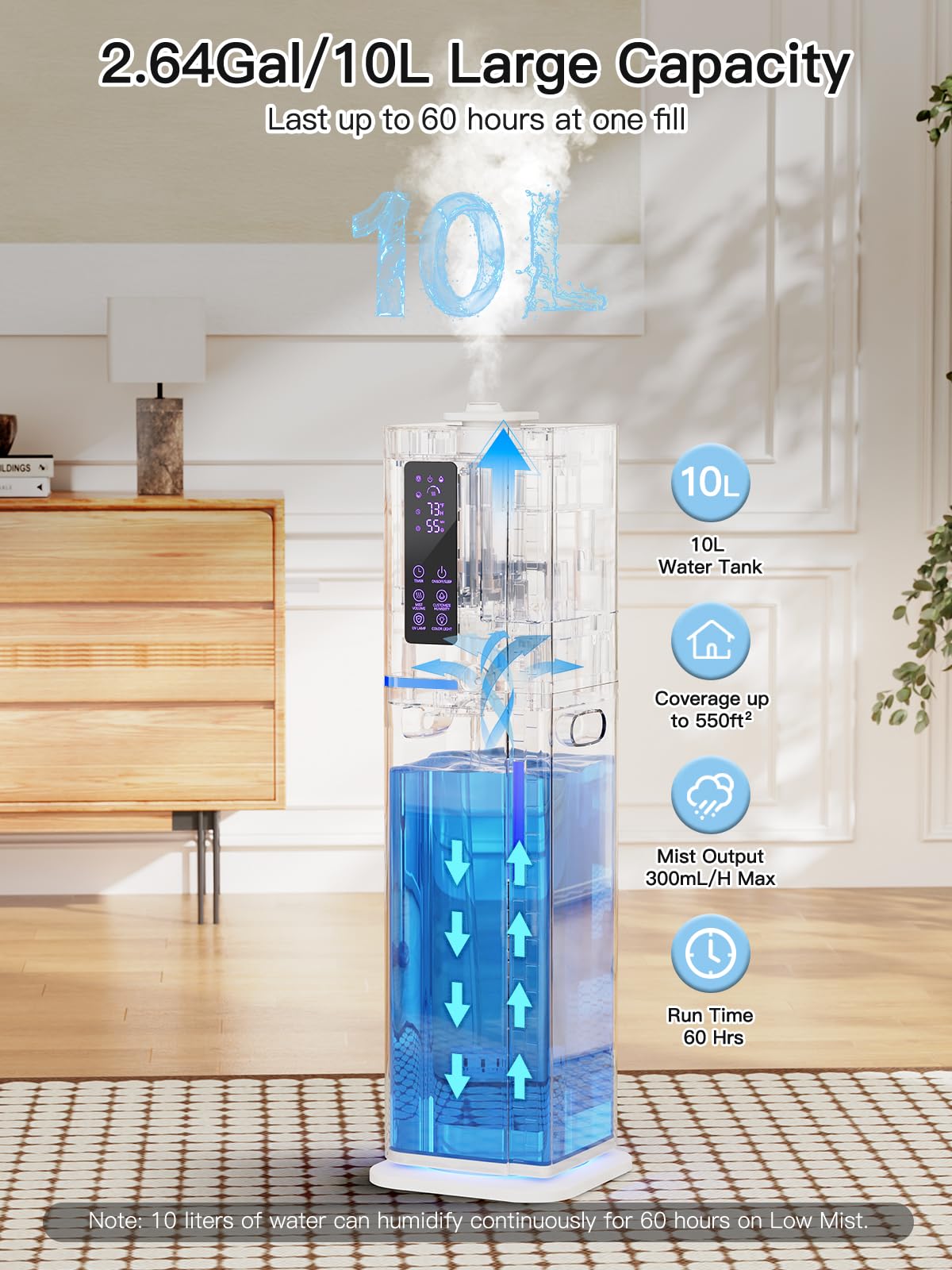 Zeova 10L/2.64Gal Humidifiers for Bedroom, Top Fill Quiet Ultrasonic Cool Mist Humidifier Large Room, Covers 550ft², 60H Runtime, 24H Timer, 3 Mist Modes Humidifiers for Home, Office, Plants, White