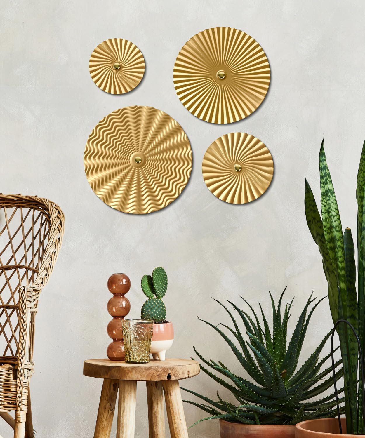 Putuo Decor 12" Starburst Metal Wall Art Set of 4, Round Ripple Hanging Sculptures in Varying Sizes, Textured Iron Wall Accents for Modern Living Room, Bedroom, Entryway or Office
