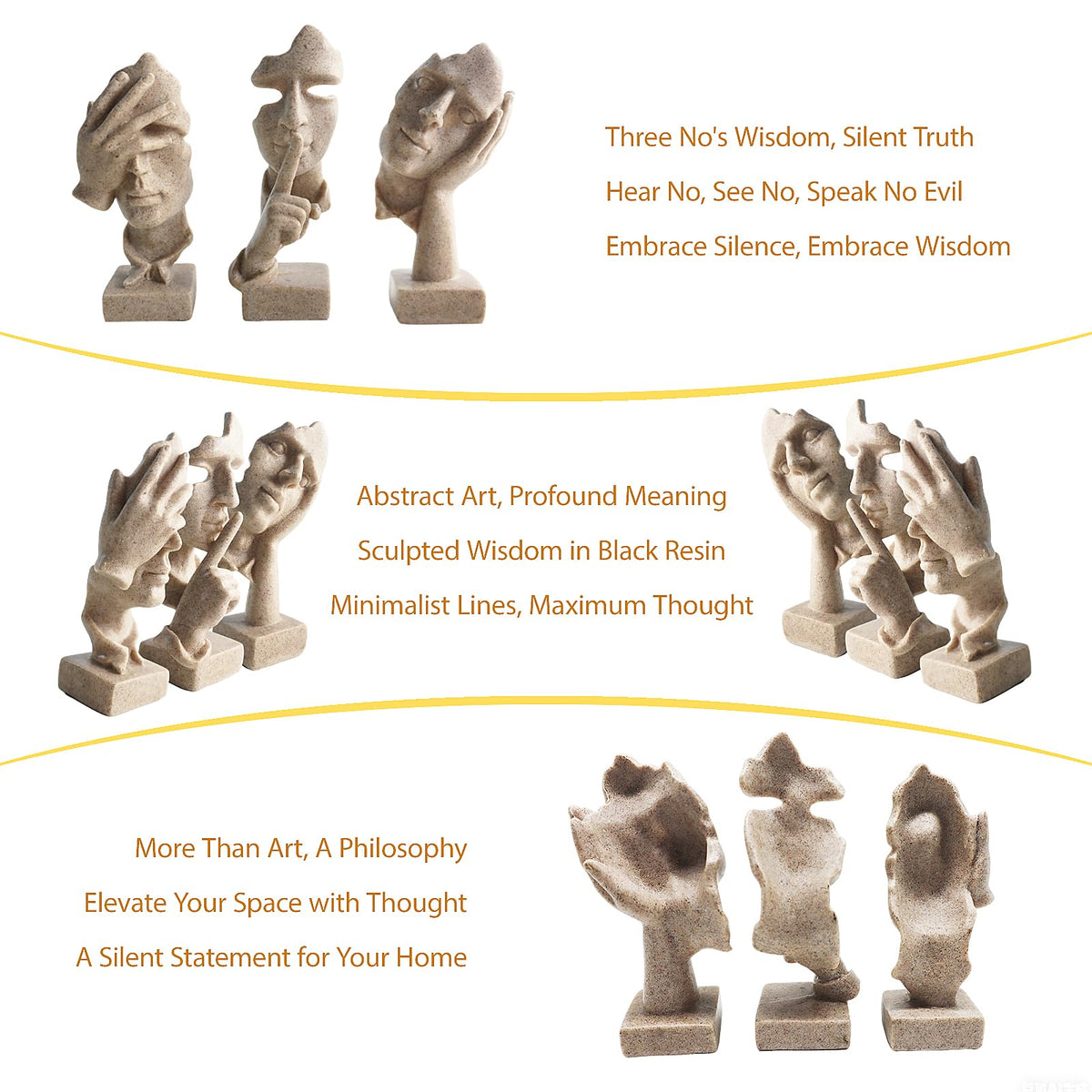 aboxoo Large Size 3 Pcs Thinker Statue, Silence is Gold, See No Evil Hear No Evil Speak No Evil Statues, Modern Resin Sculptures Decor for Living Room, Home, Office Study (Sandy)
