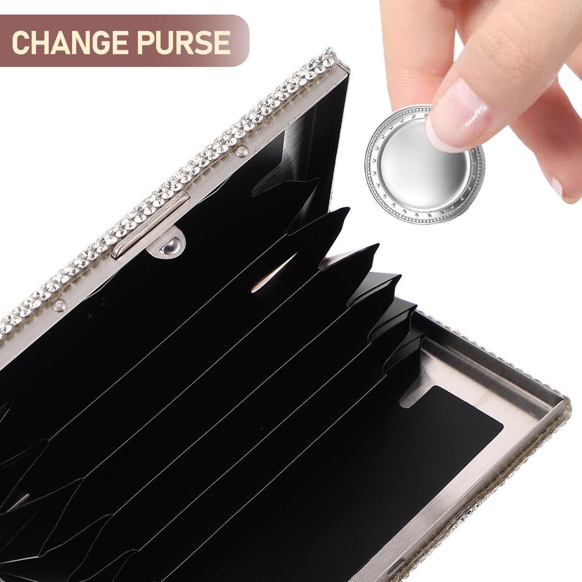 TEHAUX Rhinestone Business Card Holder for Women - Bling Metal Credit Card Case with Accordion Slots - Fancy Sparkly Diamond Organizer for Business Networking & Weddings - Silver Aluminum