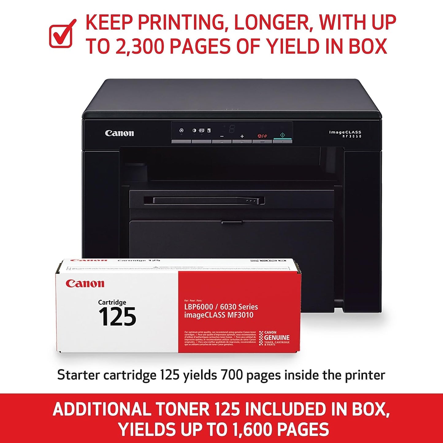 Canon imageCLASS MF3010 VP - Wired Monochrome Multifunction Laser Printer with Scanner, Copier, USB Cable Included, Up To 2,300 Page Toner Yield in Box, 19 PPM, Black