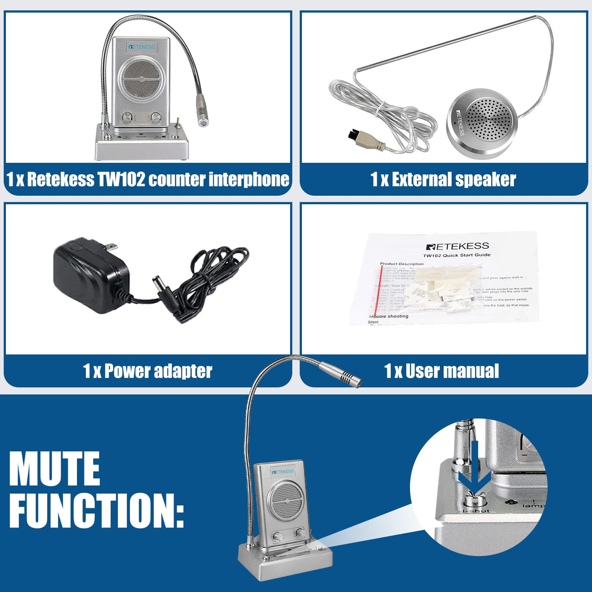 Retekess TW102 Window Microphone Speakers, Window Intercom System, 8M Cable with Loud Outer Speaker, Intercom System for Business, Bank, School, Hospital