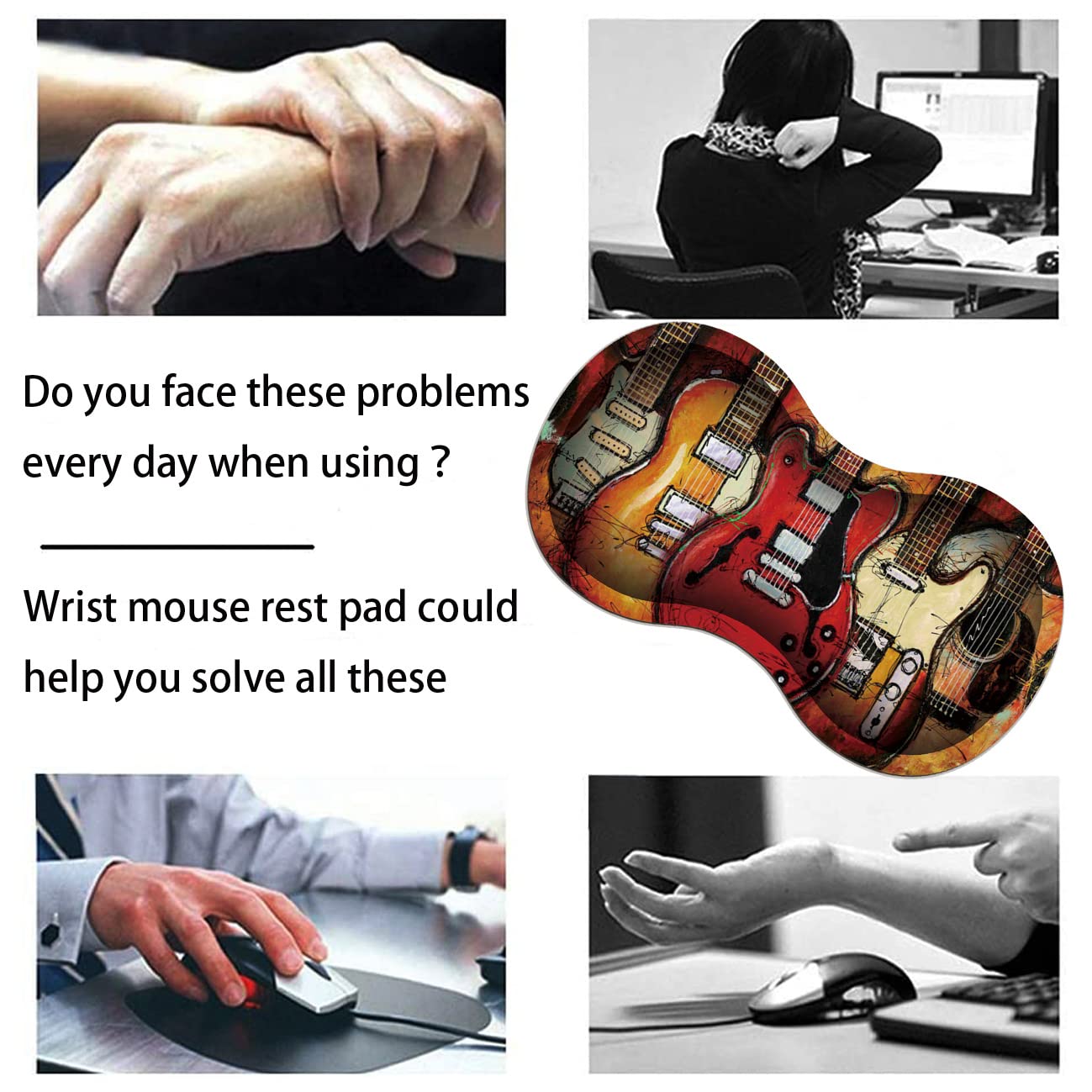 Extended Gaming Mouse Pad Desk Pad Keyboard Pad, Mouse Wrist Rest and Coaster, Anti-Slip Rubber Base Mouse Pad, Suitable for Gaming and Office, Guitar