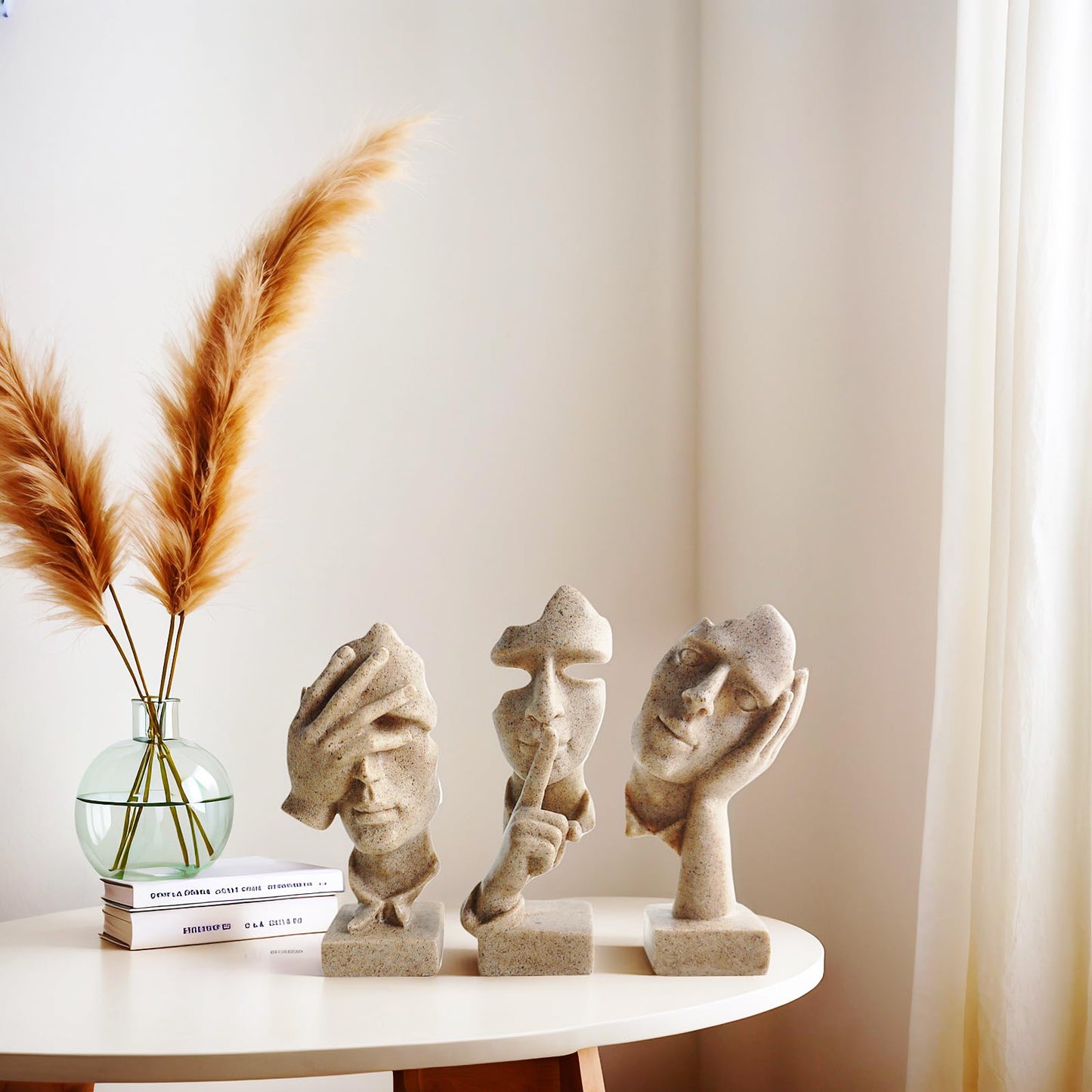 aboxoo Large Size 3 Pcs Thinker Statue, Silence is Gold, See No Evil Hear No Evil Speak No Evil Statues, Modern Resin Sculptures Decor for Living Room, Home, Office Study (Sandy)