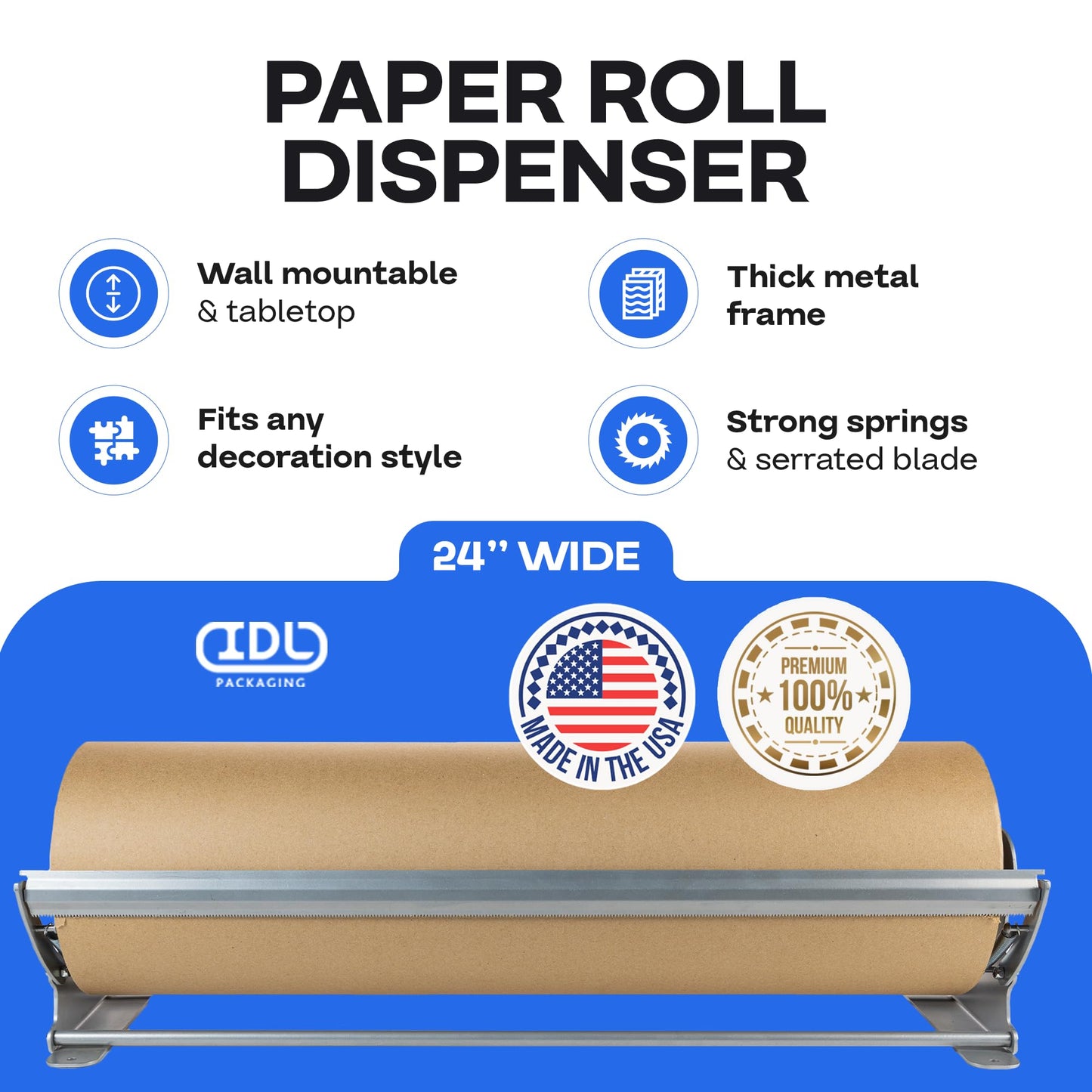IDL Packaging 24" Kraft Paper Roll Dispenser & Cutter for Rolls up to 24" Wide and 9" in Diameter – Tabletop Reinforced Steel Paper Holder with a Cutter – for Kraft and Butcher Paper