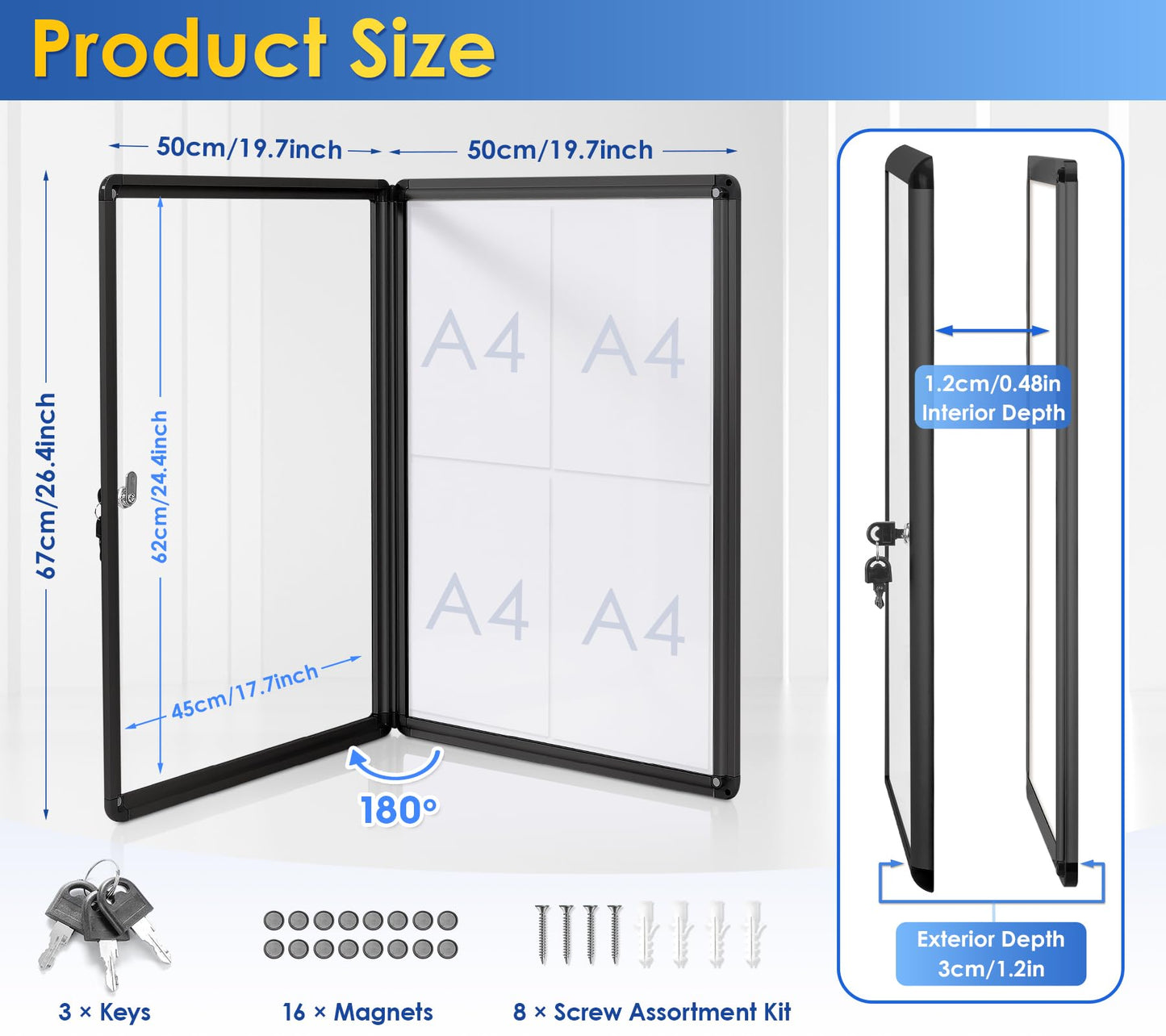 SWANCROWN Enclosed Notice Board Magnetic Bulletin Boards for Office with Locking Door,Black Frame, 26x20in (4XA4)
