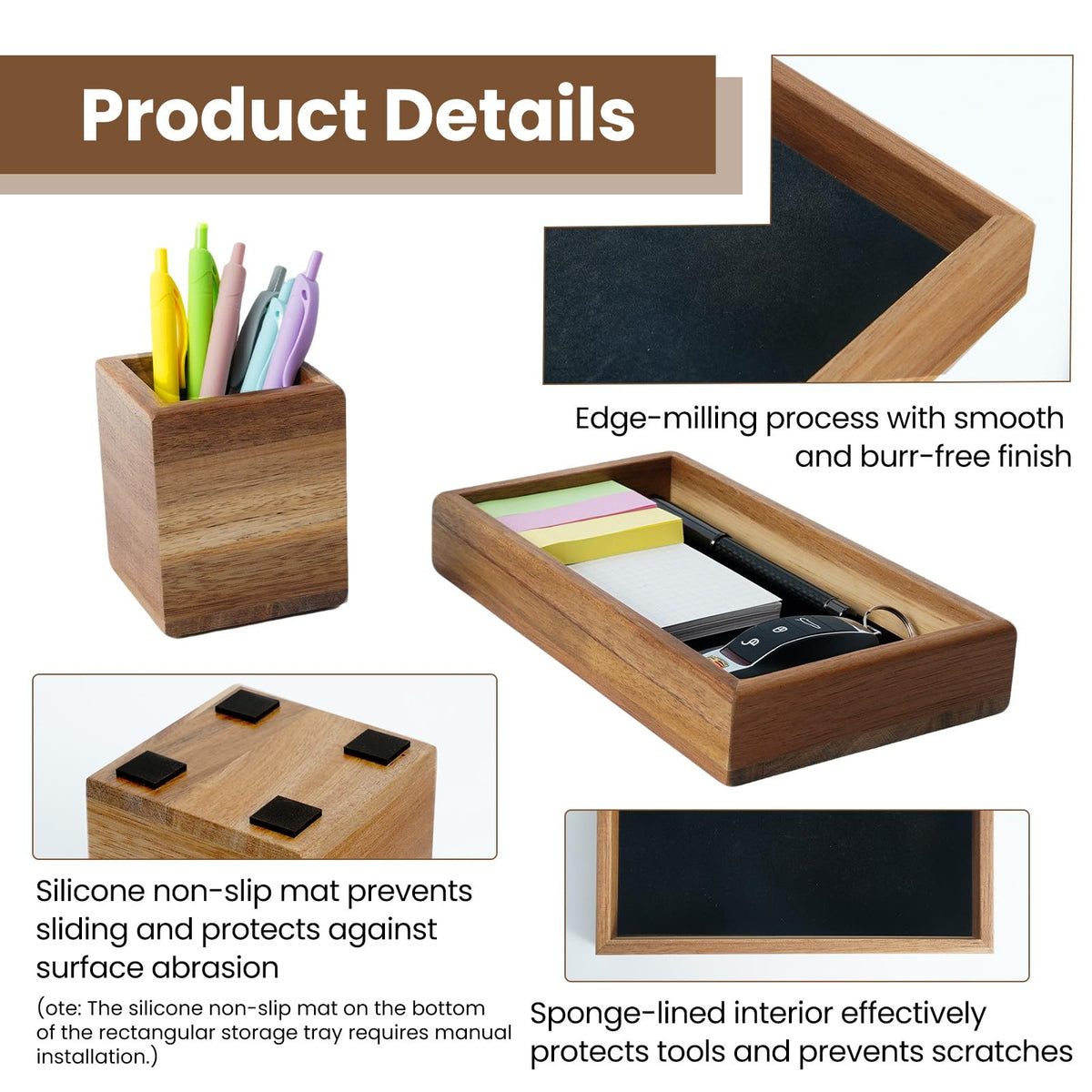XHWUDI Wooden Pencil Holder with Desk Drawer Organizer Tray, Silicone Anti-Slip Pen Holder Set Aesthetic Desk Accessories for Office Home Supplies